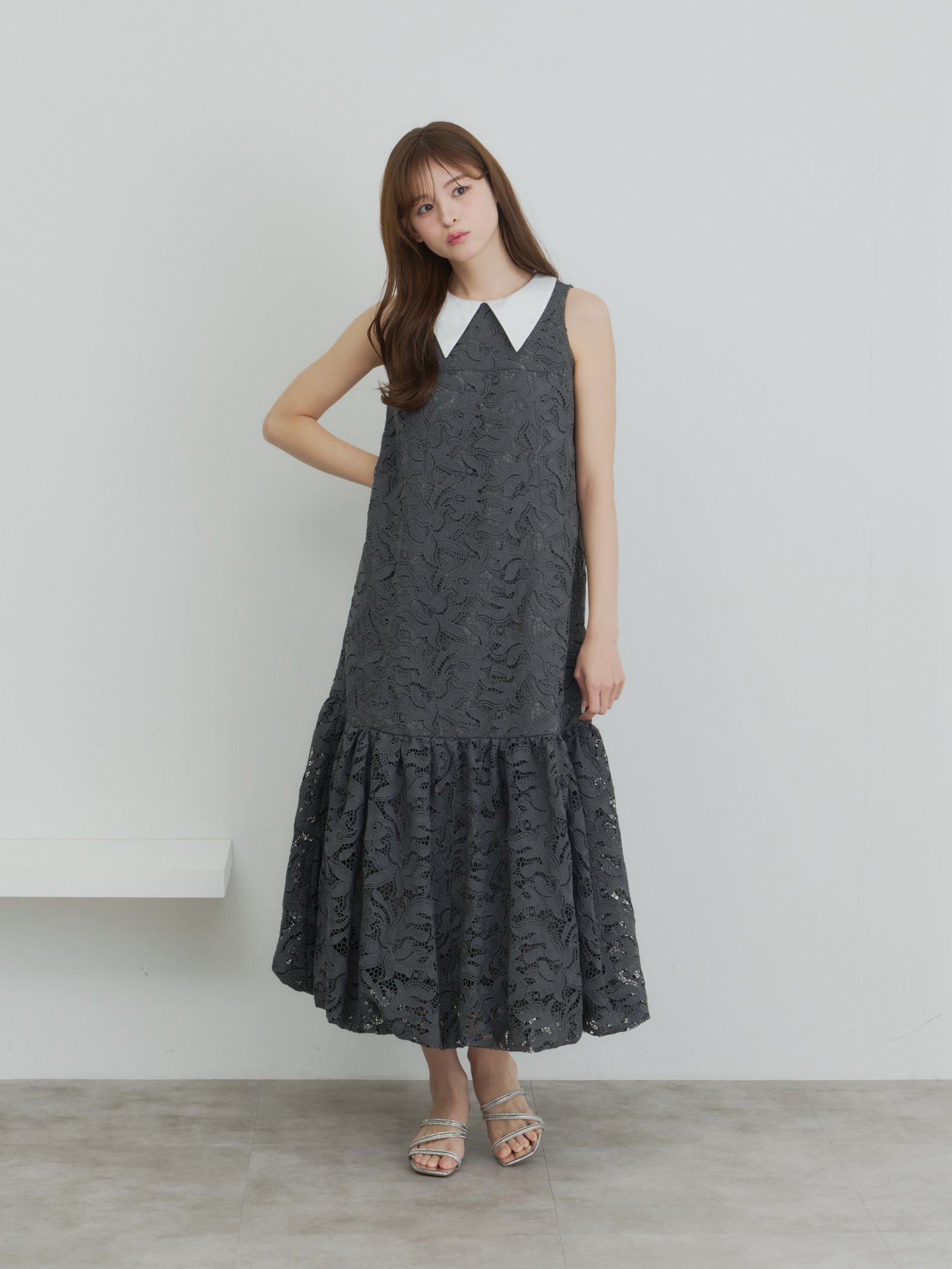 【オル/Olu】のビッグカラーレースバルーンワンピース インテリア・キッズ・メンズ・レディースファッション・服の通販 founy(ファウニー) 　ファッション　Fashion　レディースファッション　Fashion for Women　ワンピース　Dresses　タンブラー　Tumbler, Travel Mug　バルーン　Balloon, Balloon Silhouette　ビッグ　Big, Oversized　フェミニン　Feminine, Girly　フォルム　Silhouette, Form　ポケット　Pocket, Pocket Detail　無地　Plain, Solid Color　レース　Lace, Lace Fabric　おすすめ　Recommended / Our Picks　エレガント 上品　Elegant　charcoal gray|ID: prp329100004982463 ipo3291000000037326715