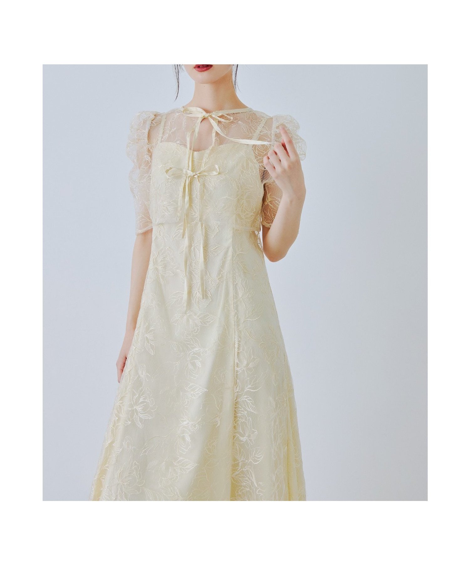 【ビーフラット/bflat】のシアーレースボレロセットドレス 2点セット キャミワンピース 結婚式 成人式 二次会 インテリア・キッズ・メンズ・レディースファッション・服の通販 founy(ファウニー) 　ファッション　Fashion　レディースファッション　Fashion for Women　アウター　Coat / Outerwear Collection　ボレロ・ショート丈ジャケット / ドレス羽織りに　Boleros & Short Jackets　ワンピース　Dresses　フォーマル・パーティードレス・結婚式用ドレス　Elegant & Casual Dresses　キャミソールワンピース　Camisole Dresses　おすすめ　Recommended / Our Picks　キャミワンピース　Cami Dress, Slip Dress　ショート　Short, Short Length　パターン　Pattern, Design Print　フラワー　Flower, Floral　フレア　Flare, Flared　ボレロ　Bolero, Short Cardigan　二次会　After Party　披露宴　Wedding Reception　結婚式　Wedding　ライトイエロー|ID: prp329100004982469 ipo3291000000037326742