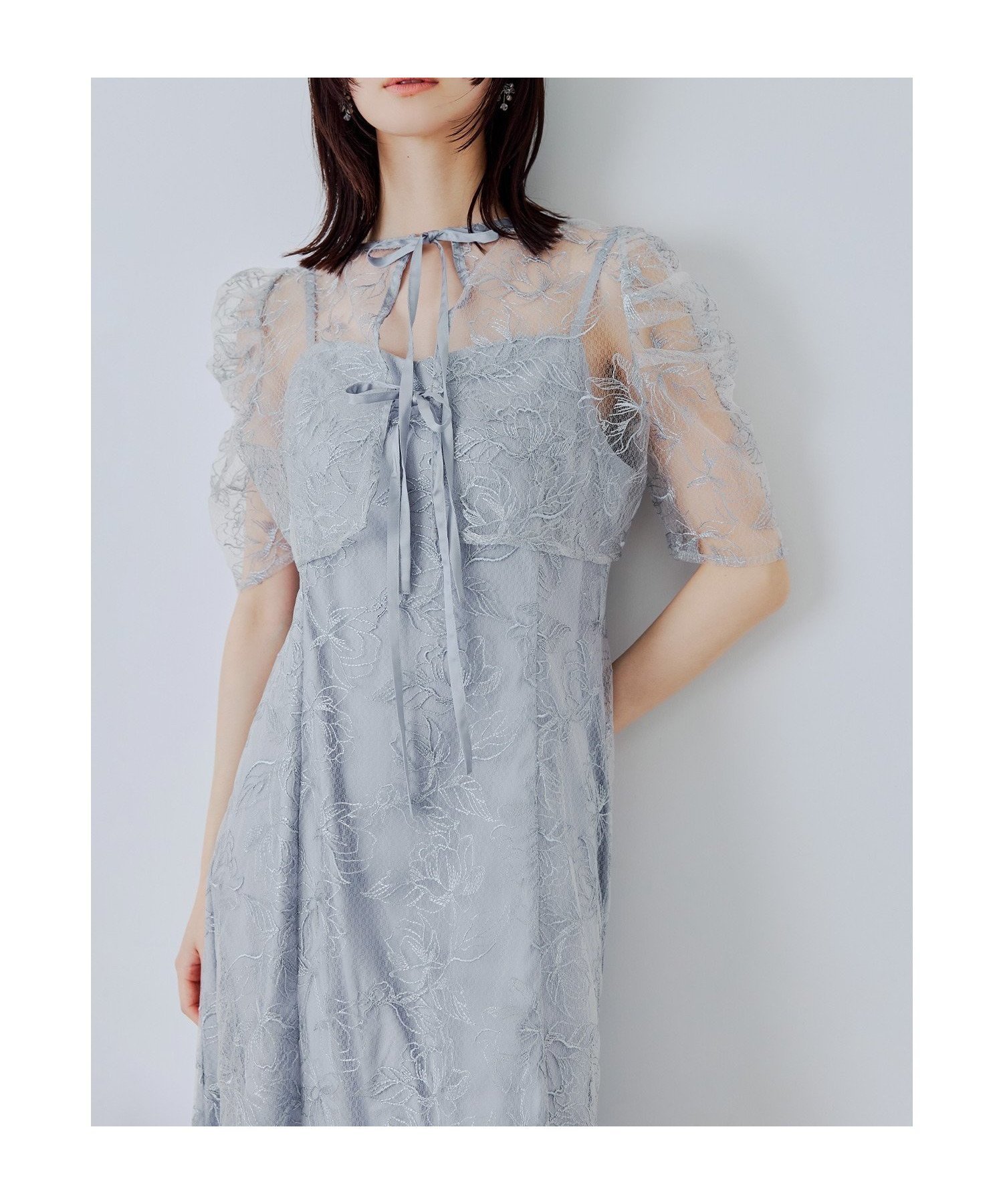 【ビーフラット/bflat】のシアーレースボレロセットドレス 2点セット キャミワンピース 結婚式 成人式 二次会 インテリア・キッズ・メンズ・レディースファッション・服の通販 founy(ファウニー) 　ファッション　Fashion　レディースファッション　Fashion for Women　アウター　Coat / Outerwear Collection　ボレロ・ショート丈ジャケット / ドレス羽織りに　Boleros & Short Jackets　ワンピース　Dresses　フォーマル・パーティードレス・結婚式用ドレス　Elegant & Casual Dresses　キャミソールワンピース　Camisole Dresses　おすすめ　Recommended / Our Picks　キャミワンピース　Cami Dress, Slip Dress　ショート　Short, Short Length　パターン　Pattern, Design Print　フラワー　Flower, Floral　フレア　Flare, Flared　ボレロ　Bolero, Short Cardigan　二次会　After Party　披露宴　Wedding Reception　結婚式　Wedding　ブルーグレー|ID: prp329100004982469 ipo3291000000037326743
