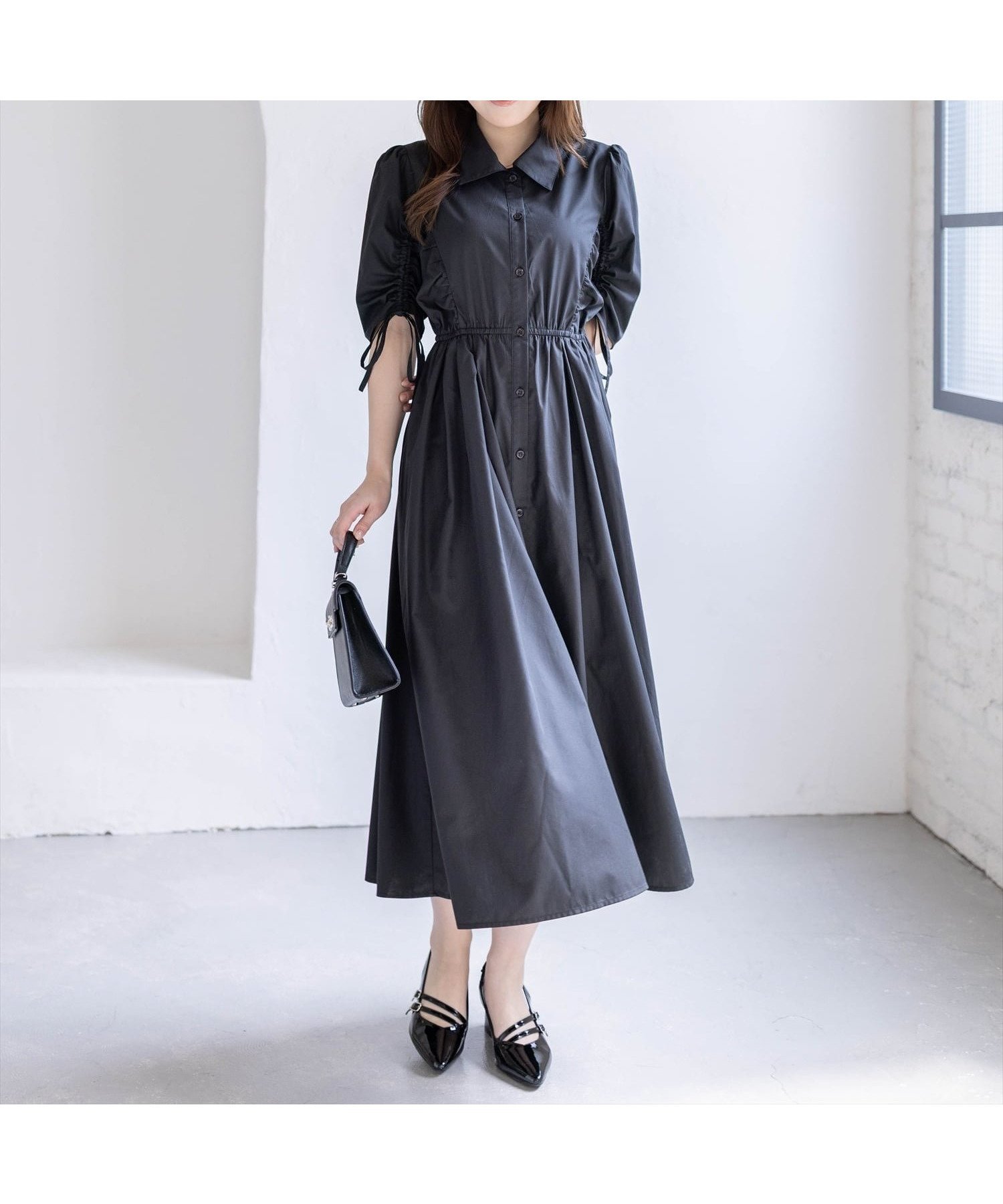 【クリア/clear】の【低身長対応/サイズ展開あり】5分袖ドロストスリーブシャツワンピース 初夏/抜け感/二の腕カバー インテリア・キッズ・メンズ・レディースファッション・服の通販 founy(ファウニー) 　ファッション　Fashion　レディースファッション　Fashion for Women　ワンピース　Dresses　シャツワンピース / 1枚で着映えコーデ　Shirt Dresses　アクセサリー　Fashion Accessories　春　Spring　カーディガン　Cardigan, Knitwear　サンダル　Sandals, Summer Shoes　シューズ　Shoes, Footwear　ショート　Short, Short Length　ジャケット　Jacket, Outerwear　ダウン　Down, Puffer　バレエ　Ballet, Ballet Style　フレア　Flare, Flared　S/S・春夏　SS, Spring/Summer, Warm Season　再入荷　Restock / Back in Stock　おすすめ　Recommended / Our Picks　夏　Summer　旅行　Travel　エレガント 上品　Elegant　BK|ID: prp329100004982481 ipo3291000000037326781