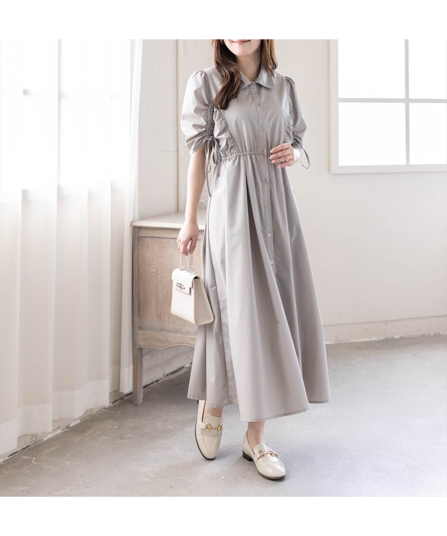 【クリア/clear】の【低身長対応/サイズ展開あり】5分袖ドロストスリーブシャツワンピース 初夏/抜け感/二の腕カバー インテリア・キッズ・メンズ・レディースファッション・服の通販 founy(ファウニー) 　ファッション　Fashion　レディースファッション　Fashion for Women　ワンピース　Dresses　シャツワンピース / 1枚で着映えコーデ　Shirt Dresses　アクセサリー　Fashion Accessories　春　Spring　カーディガン　Cardigan, Knitwear　サンダル　Sandals, Summer Shoes　シューズ　Shoes, Footwear　ショート　Short, Short Length　ジャケット　Jacket, Outerwear　ダウン　Down, Puffer　バレエ　Ballet, Ballet Style　フレア　Flare, Flared　S/S・春夏　SS, Spring/Summer, Warm Season　再入荷　Restock / Back in Stock　おすすめ　Recommended / Our Picks　夏　Summer　旅行　Travel　エレガント 上品　Elegant　GYBE|ID: prp329100004982481 ipo3291000000037326782