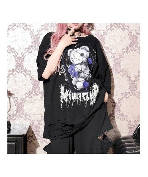 【ノエミ/NOEMIE】の病みくまチェーンユニセックスTシャツ インテリア・キッズ・メンズ・レディースファッション・服の通販 founy(ファウニー) 　ファッション　Fashion　レディースファッション　Fashion for Women　トップス・カットソー　Cut & Sew Tops　シャツ・ブラウス・オフィスカジュアル　Elegant Blouses & Button-Ups　ロングTシャツ・Tシャツ　Longline T-Shirts & Tees　イラスト　Illustration　ダメージ　Distressed, Destroyed　チェーン　Chain, Chain Strap　青|ID: prp329100004982484 ipo3291000000037326793