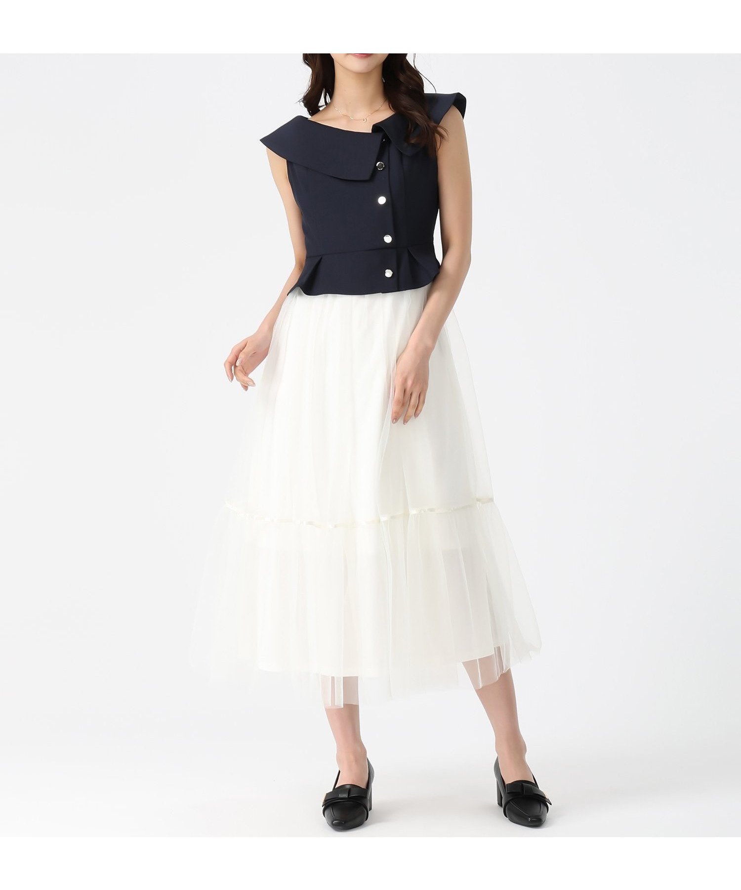 【ミッシュマッシュ/MISCH MASCH】のアシメビッグカラーチュールドッキングワンピース MM627422 インテリア・キッズ・メンズ・レディースファッション・服の通販 founy(ファウニー) 　ファッション　Fashion　レディースファッション　Fashion for Women　ワンピース　Dresses　アシンメトリー　Asymmetrical Style　ドッキング　Docking, Mixed Material　バランス　Balance, Style Balance　ビッグ　Big, Oversized　切替　Switching, Contrast Panel　ネイビー|ID: prp329100004982522 ipo3291000000037326928