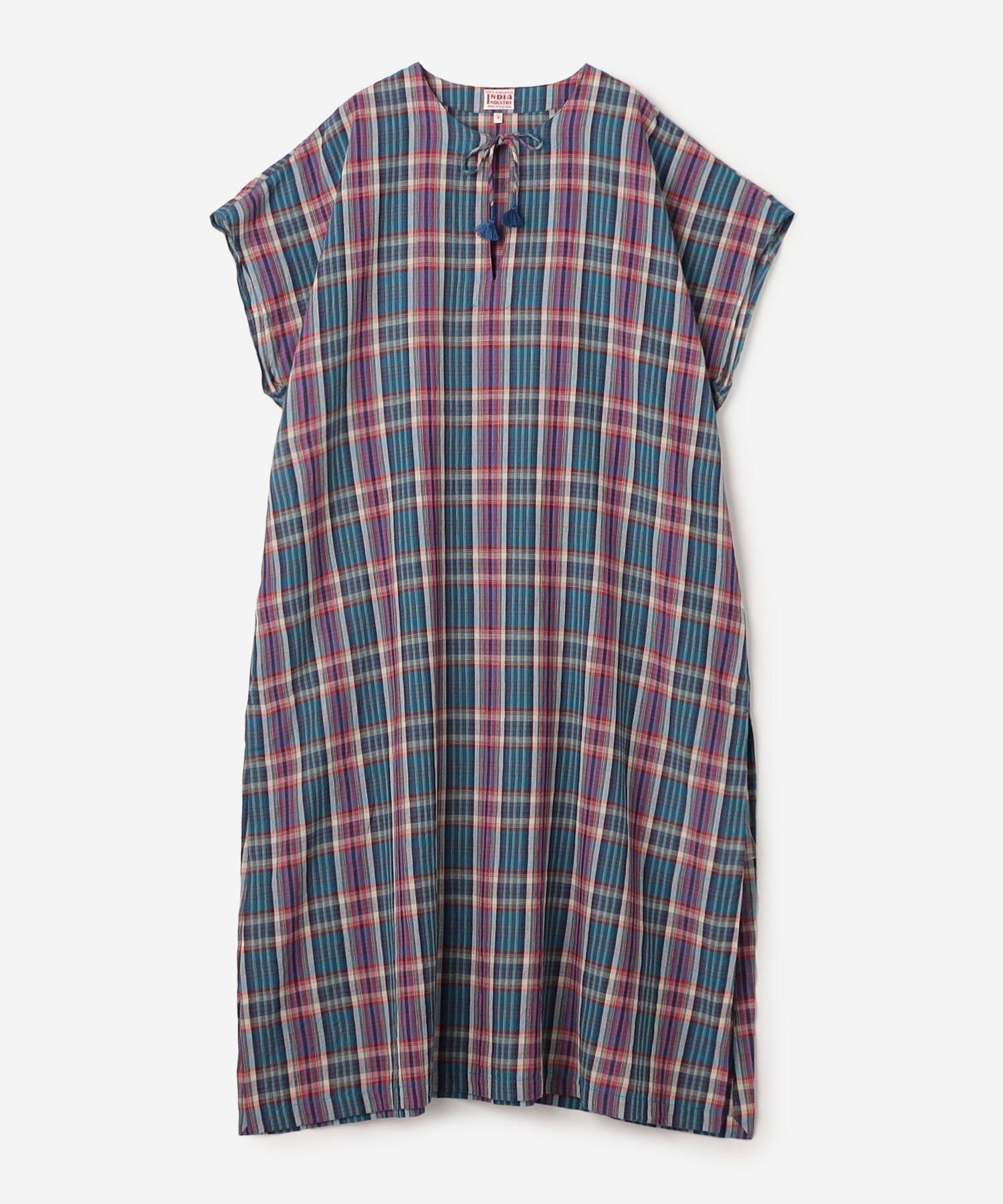 【ビショップ/Bshop】のマドラスチェック カフタンワンピース WOMEN インテリア・キッズ・メンズ・レディースファッション・服の通販 founy(ファウニー) 　ファッション　Fashion　レディースファッション　Fashion for Women　ワンピース　Dresses　インド　Indian Textile　ショルダー　Shoulder, Shoulder Strap　スリット　Slit, Slit Detail　スリーブ　Sleeve, Long Sleeve / Short Sleeve　タッセル　Tassel, Fringe　チェック　Check, Plaid, Tartan　ドロップ　Drop Shoulder, Dropped Style　フレンチ　French, French Style　フロント　Front, Front Design　BLUE系1|ID: prp329100004982546 ipo3291000000037327021