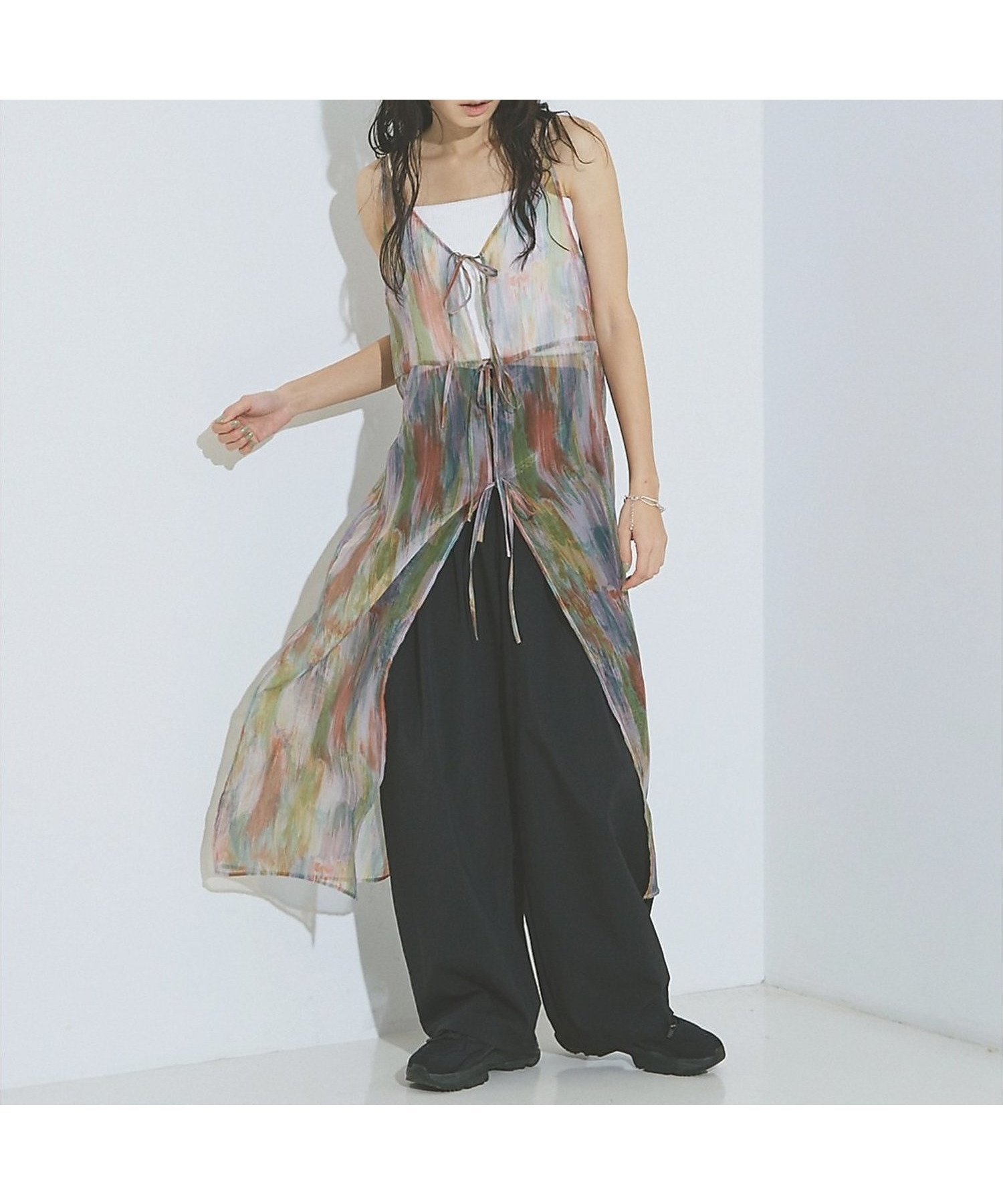 【ノミネ/NOMINE】の【前後着用可】水彩アート ニュアンス柄 2WAY シアー キャミワンピース ロン インテリア・キッズ・メンズ・レディースファッション・服の通販 founy(ファウニー) 　ファッション　Fashion　レディースファッション　Fashion for Women　ワンピース　Dresses　キャミソールワンピース　Camisole Dresses　インナー　Innerwear　オレンジ　Orange　キャミワンピース　Cami Dress, Slip Dress　シアー　Sheer, See-Through　プリント　Print, Printed Pattern　ボトム　Bottoms, Lower Wear　リボン　Ribbon, Bow　再入荷　Restock / Back in Stock　オレンジ|ID: prp329100004982575 ipo3291000000037327120