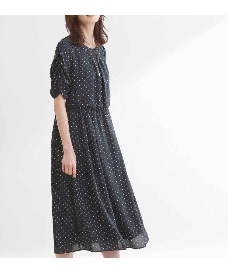 【リフレクト/Reflect】の小紋柄ジョーゼットワンピース インテリア・キッズ・メンズ・レディースファッション・服の通販 founy(ファウニー) 　ファッション　Fashion　レディースファッション　Fashion for Women　ワンピース　Dresses　ギャザー　Gathered, Ruffled　ジョーゼット　Georgette, Semi-Sheer Fabric　スマート　Smart, Elegant　ブラウジング　Blouson Silhouette, Cinched Waist　プリント　Print, Printed Pattern　ポケット　Pocket, Pocket Detail　エレガント 上品　Elegant　切替　Switching, Contrast Panel　ネイビー|ID: prp329100004982605 ipo3291000000037327224