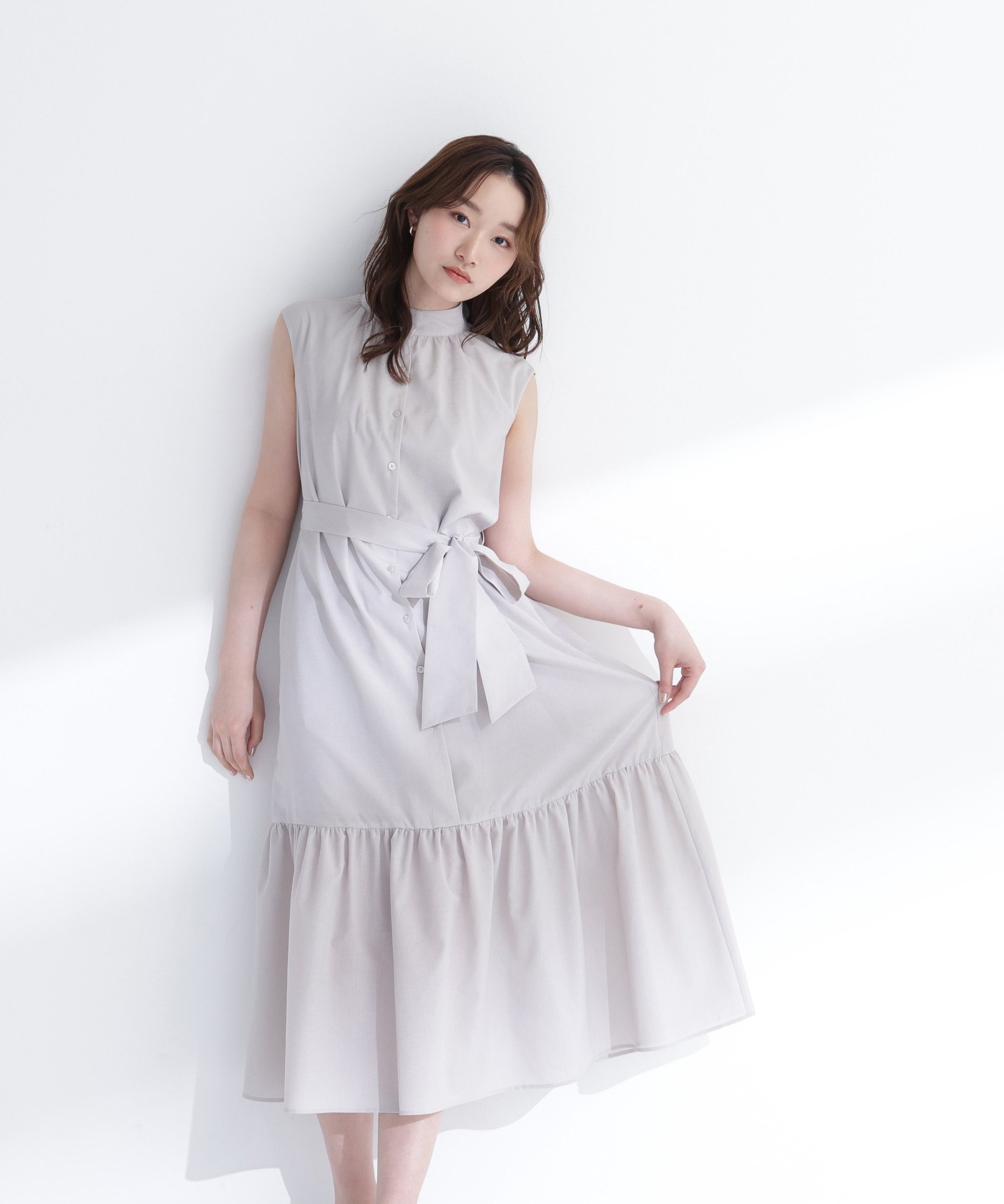 【ナチュラル ビューティー ベーシック/NATURAL BEAUTY BASIC】のティアードベルテッドワンピース インテリア・キッズ・メンズ・レディースファッション・服の通販 founy(ファウニー) 　ファッション　Fashion　レディースファッション　Fashion for Women　ワンピース　Dresses　スタンド　Stand Collar, Upright Stand　スリーブ　Sleeve, Long Sleeve / Short Sleeve　ティアード　Tiered, Tiered Style　フィット　Fit, Slim Fit　フレア　Flare, Flared　フレンチ　French, French Style　ポケット　Pocket, Pocket Detail　リボン　Ribbon, Bow　グレージュ3|ID: prp329100004982650 ipo3291000000037327378