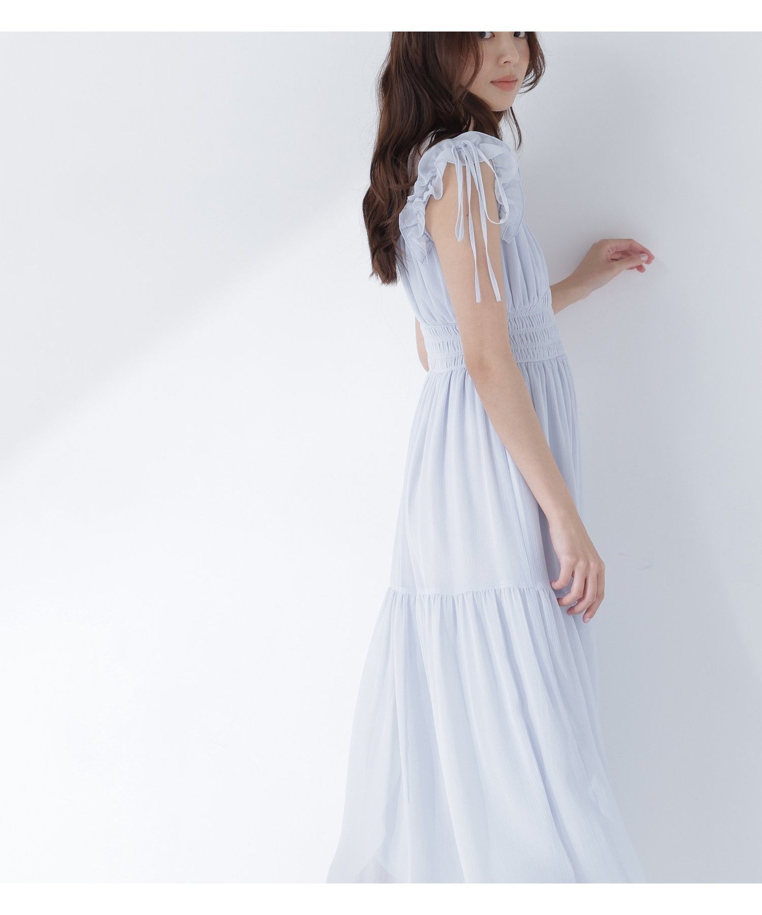 【ナチュラル ビューティー ベーシック/NATURAL BEAUTY BASIC】のフリルショルダー楊柳ワンピース インテリア・キッズ・メンズ・レディースファッション・服の通販 founy(ファウニー) 　ファッション　Fashion　レディースファッション　Fashion for Women　ワンピース　Dresses　シャーリング　Shirring, Ruched　ショルダー　Shoulder, Shoulder Strap　フェミニン　Feminine, Girly　フリル　Frill, Ruffle　リボン　Ribbon, Bow　エレガント 上品　Elegant　ブルー|ID: prp329100004982653 ipo3291000000037327388