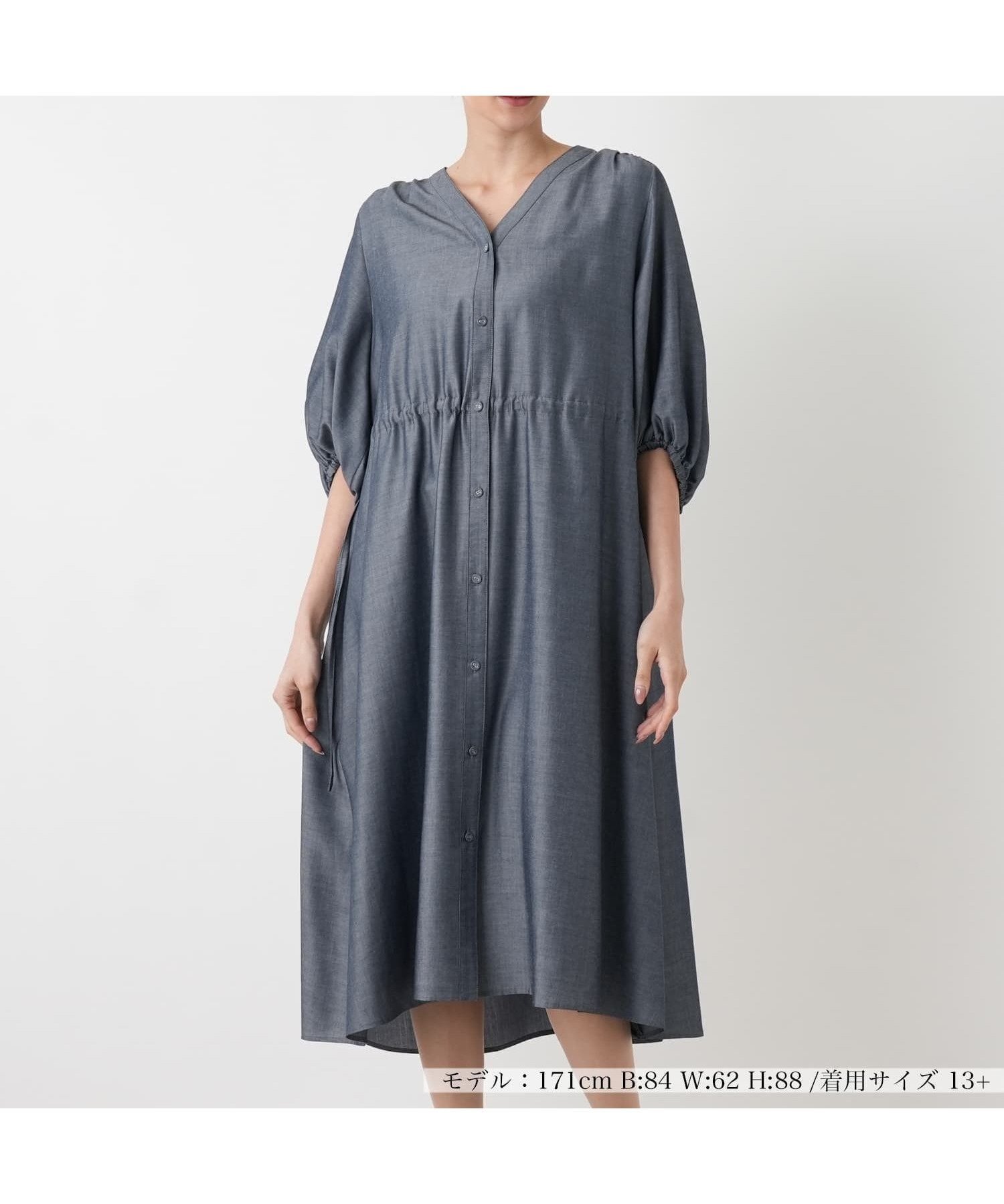 【レリアンプラスハウス/Leilian PLUS HOUSE】のボリュームスリーブワンピース【プラス企画】 インテリア・キッズ・メンズ・レディースファッション・服の通販 founy(ファウニー) 　ファッション　Fashion　レディースファッション　Fashion for Women　ワンピース　Dresses　ギャザー　Gathered, Ruffled　ドレープ　Drape, Draping Fabric　ドローストリング　Drawstring, Pull Cord　フォルム　Silhouette, Form　ポケット　Pocket, Pocket Detail　レギュラー　Regular, Standard Fit　夏　Summer　ネイビー|ID: prp329100004982663 ipo3291000000037327418