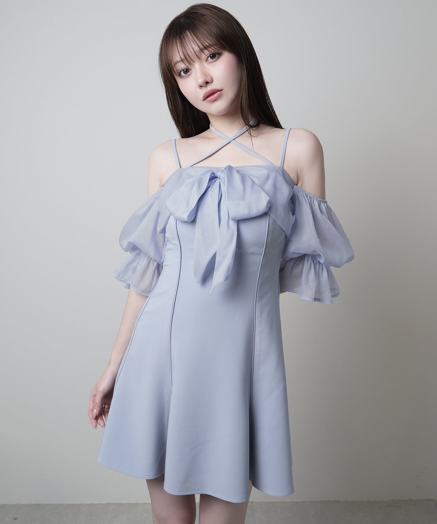 【リップサービス/LIP SERVICE】のLIP SERVICE/リボンオフショルフレアワンピース インテリア・キッズ・メンズ・レディースファッション・服の通販 founy(ファウニー) 　ファッション　Fashion　レディースファッション　Fashion for Women　ワンピース　Dresses　ガーリー　Girly, Feminine Style　サンダル　Sandals, Summer Shoes　シアー　Sheer, See-Through　シンプル　Simple, Minimal　ストレッチ　Stretch, Stretchy Fabric　フレア　Flare, Flared　ラップ　Wrap, Wrap Design　リボン　Ribbon, Bow　おすすめ　Recommended / Our Picks　エレガント 上品　Elegant　ブルー|ID: prp329100004982670 ipo3291000000037327435