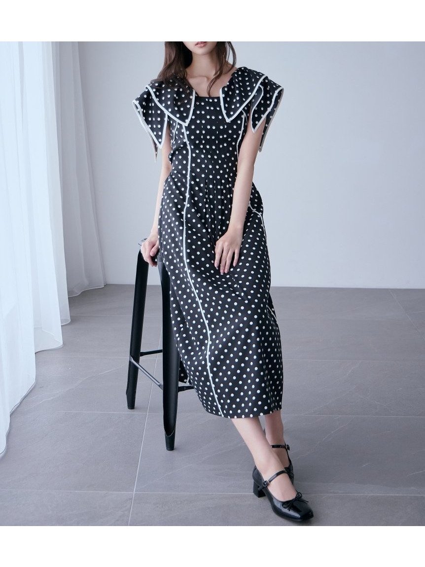 【スナイデル/SNIDEL】の【WEB限定00サイズあり】ラッフルカラープリントワンピース インテリア・キッズ・メンズ・レディースファッション・服の通販 founy(ファウニー) 　ファッション　Fashion　レディースファッション　Fashion for Women　ワンピース　Dresses　ウェーブ　Wavy Pattern　エレガント 上品　Elegant　シェイプ　Shape, Slim Fit　スカーフ　Scarf, Neckwear　ストレート　Straight, Straight Cut　スマート　Smart, Elegant　ドット　Polka Dot, Dot Pattern　パイピング　Piping, Trim Design　フラワー　Flower, Floral　フロント　Front, Front Design　プリント　Print, Printed Pattern　リボン　Ribbon, Bow　おすすめ　Recommended / Our Picks　BLK[009]|ID: prp329100004982701 ipo3291000000037327532