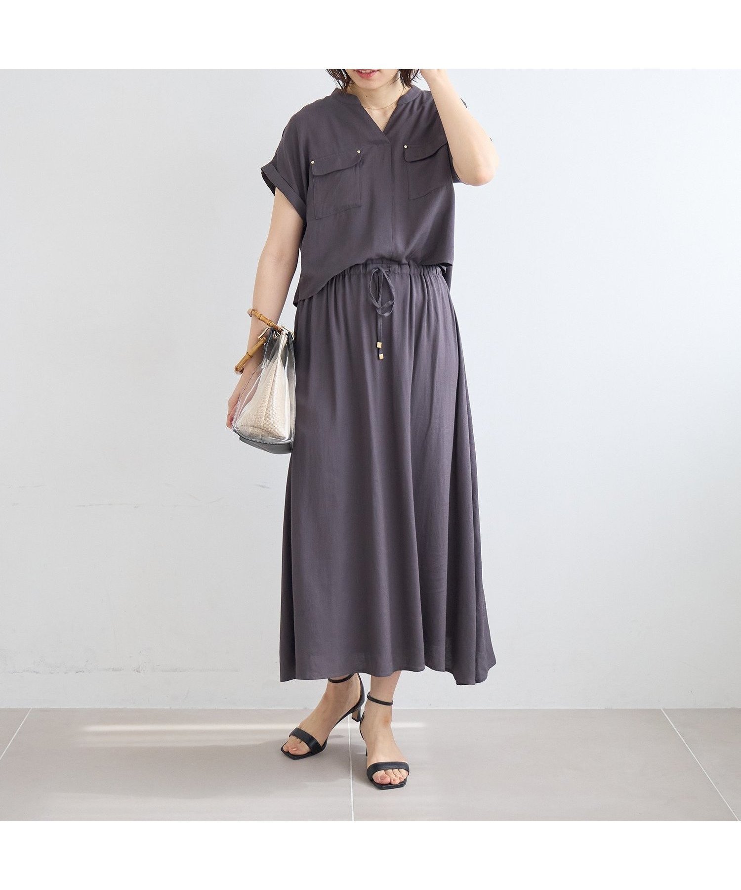 【ルクールブラン/le.coeur blanc】のリネンライクフロントポケットワンピース インテリア・キッズ・メンズ・レディースファッション・服の通販 founy(ファウニー) 　ファッション　Fashion　レディースファッション　Fashion for Women　ワンピース　Dresses　ミックス　Mix, Mixed Style　C/グレー|ID: prp329100004982762 ipo3291000000037327732