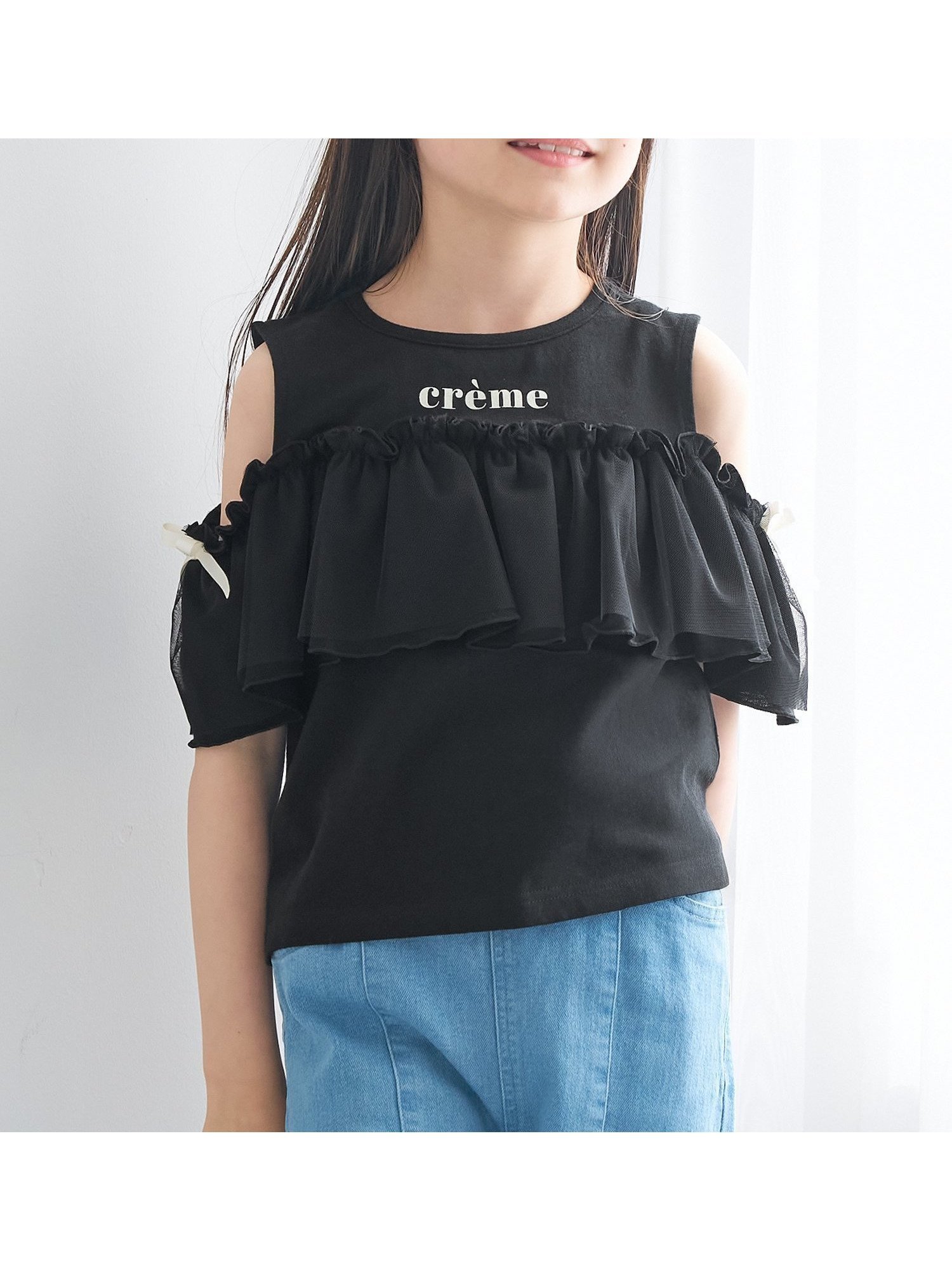【コカ/coca / KIDS】のキッズ チュールフリルトップス インテリア・キッズ・メンズ・レディースファッション・服の通販 founy(ファウニー) 　ファッション　Fashion　キッズファッション　Fashion for Kids　トップス・カットソー　Cut & Sew Tops　春　Spring　カットソー　Cut and Sewn Top　ガーリー　Girly, Feminine Style　ギャザー　Gathered, Ruffled　ショート　Short, Short Length　ダウン　Down, Puffer　チュール　Tulip, Tulip Motif　デニム　Denim, Jeans Material　ドッキング　Docking, Mixed Material　フェミニン　Feminine, Girly　フリル　Frill, Ruffle　ポケット　Pocket, Pocket Detail　半袖　Short Sleeve, Half Sleeve　リボン　Ribbon, Bow　夏　Summer　Black|ID: prp329100004982773 ipo3291000000037328014