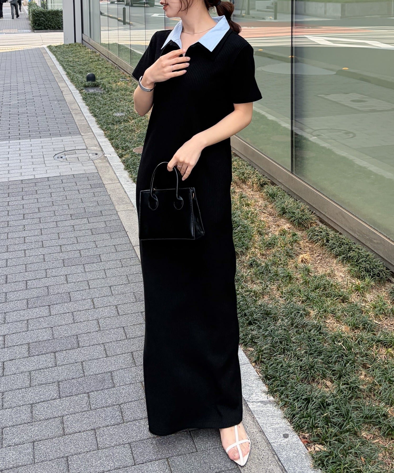 【ラナン/Ranan】のRanan/ダブルカラーリブワンピース インテリア・キッズ・メンズ・レディースファッション・服の通販 founy(ファウニー) 　ファッション　Fashion　レディースファッション　Fashion for Women　ワンピース　Dresses　シアー　Sheer, See-Through　シューズ　Shoes, Footwear　シンプル　Simple, Minimal　ストラップサンダル　Strappy Sandals, Strap Sandals　ダブル　Double, Double-Breasted　バランス　Balance, Style Balance　バレエ　Ballet, Ballet Style　フェミニン　Feminine, Girly　ポケット　Pocket, Pocket Detail　羽織　Haori, Light Jacket　ロング　Long, Long-Length　おすすめ　Recommended / Our Picks　エレガント 上品　Elegant　BLK|ID: prp329100004982884 ipo3291000000037328837