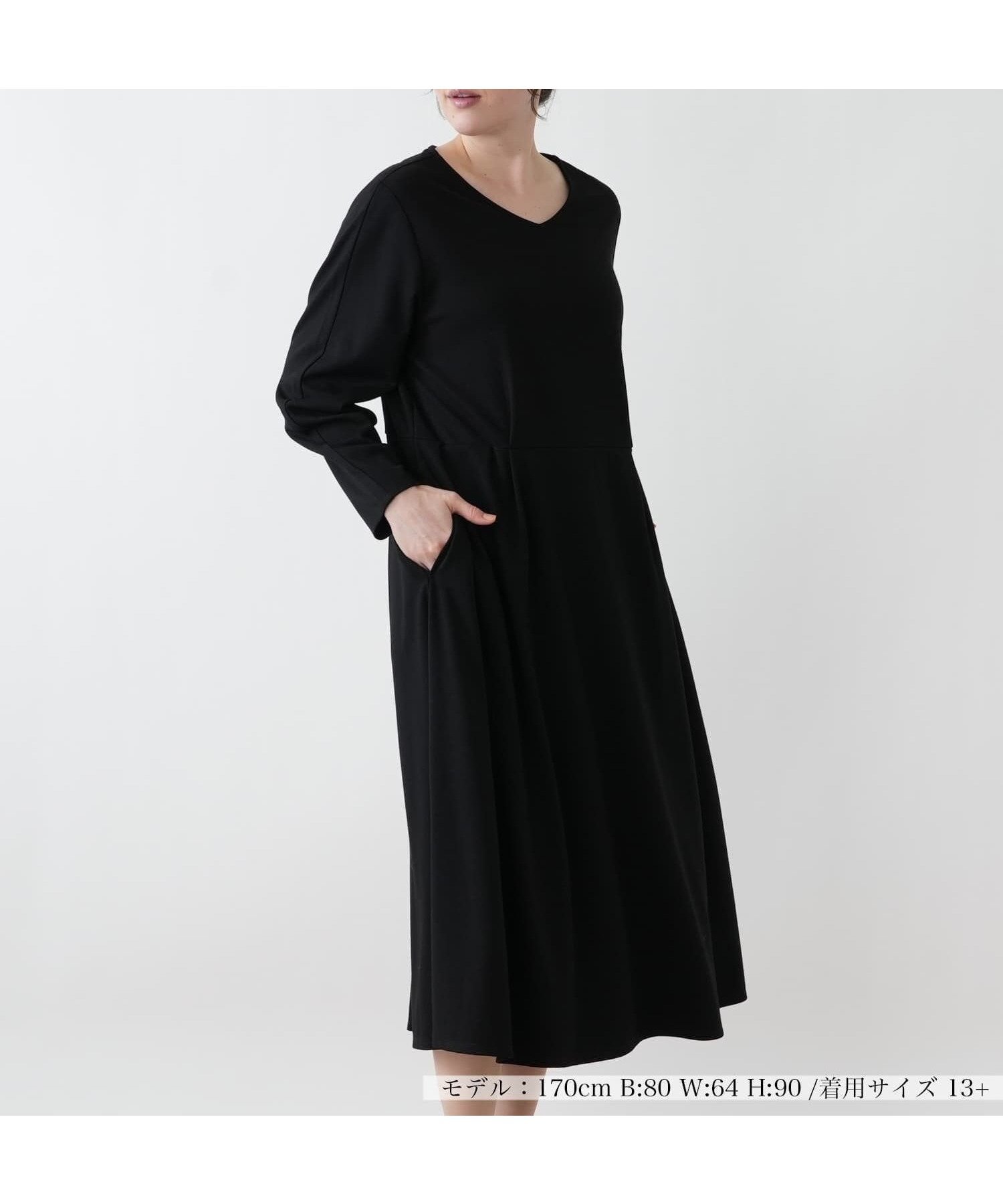 【レリアンプラスハウス/Leilian PLUS HOUSE】のVネックフレアワンピース【BOURGE】 インテリア・キッズ・メンズ・レディースファッション・服の通販 founy(ファウニー) 　ファッション　Fashion　レディースファッション　Fashion for Women　ワンピース　Dresses　ドレープ　Drape, Draping Fabric　ポケット　Pocket, Pocket Detail　ロング　Long, Long-Length　エレガント 上品　Elegant　冬　Winter / This Winter　ブラック|ID: prp329100004982889 ipo3291000000037328875