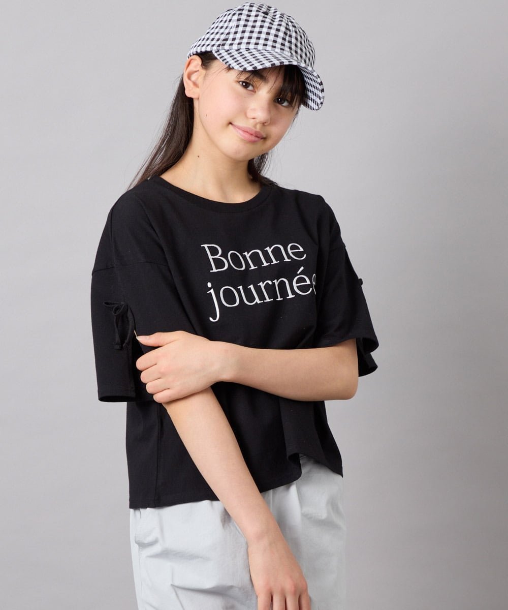 【アー ヴェー ヴェー/a.v.v / KIDS】の120-160 【接触冷感/綿100%】袖スリットロゴTシャツ インテリア・キッズ・メンズ・レディースファッション・服の通販 founy(ファウニー) 　ファッション　Fashion　キッズファッション　Fashion for Kids　カットソー　Cut and Sewn Top　ガーリー　Girly, Feminine Style　シンプル　Simple, Minimal　スポーティ　Sporty, Casual Athletic　スリット　Slit, Slit Detail　デニム　Denim, Jeans Material　ミニスカート　Mini Skirt, Short Skirt　リボン　Ribbon, Bow　再入荷　Restock / Back in Stock　おすすめ　Recommended / Our Picks　エレガント 上品　Elegant　ブラック|ID: prp329100004982965 ipo3291000000037329294