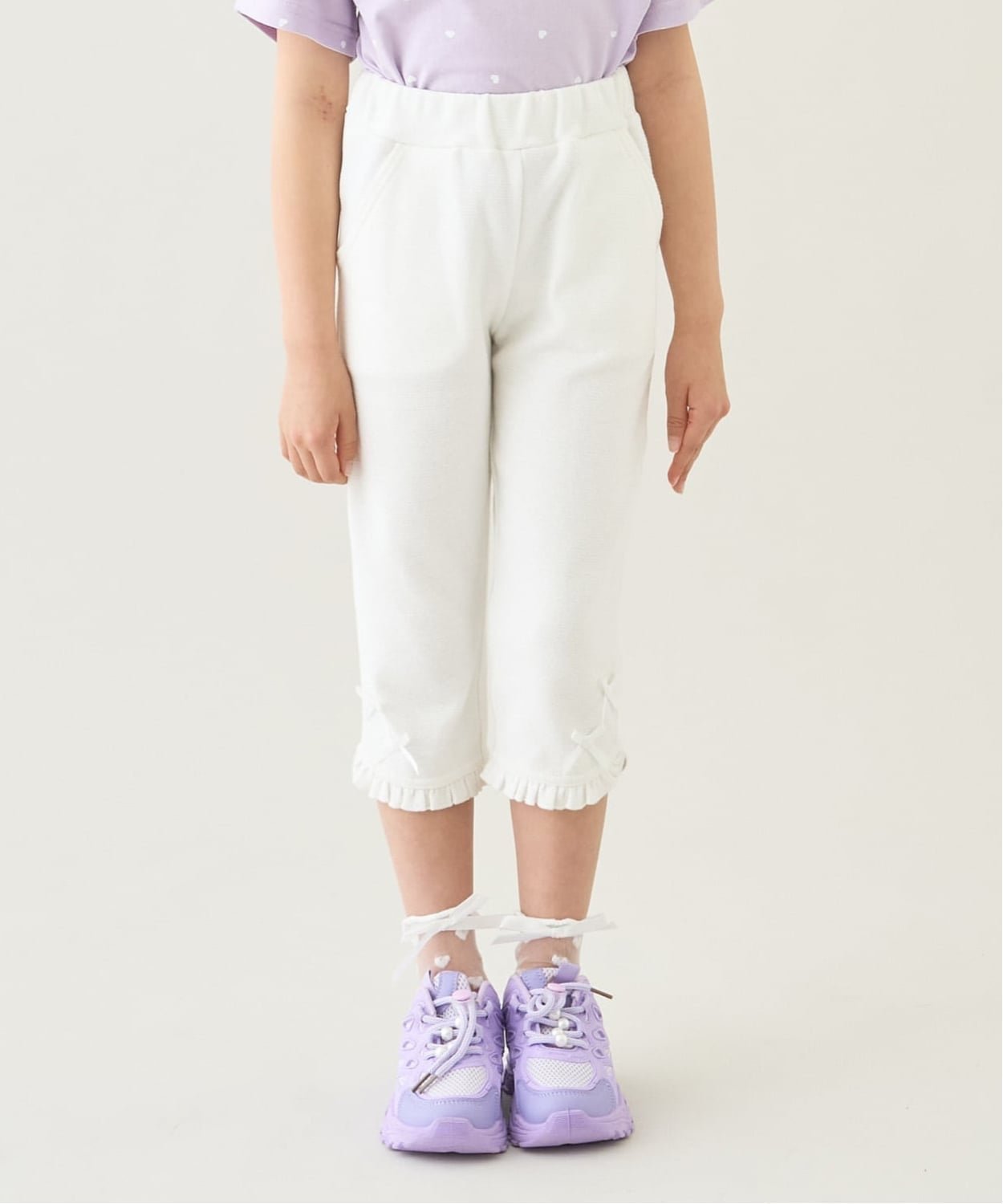 【ナルミヤ オンライン/NARUMIYA ONELINE / KIDS】の【ともパン】【防汚・UV・接触冷感】裾ラウンドフリル7分丈カプリパンツ インテリア・キッズ・メンズ・レディースファッション・服の通販 founy(ファウニー) 　ファッション　Fashion　キッズファッション　Fashion for Kids　ボトムス　Bottoms　ガーリー　Girly, Feminine Style　チュニック　Tunic, Long Top　フリル　Frill, Ruffle　ベーシック　Basic, Essential　ポケット　Pocket, Pocket Detail　ラウンド　Round, Round Neck　リボン　Ribbon, Bow　アイボリー|ID: prp329100004982973 ipo3291000000037329350