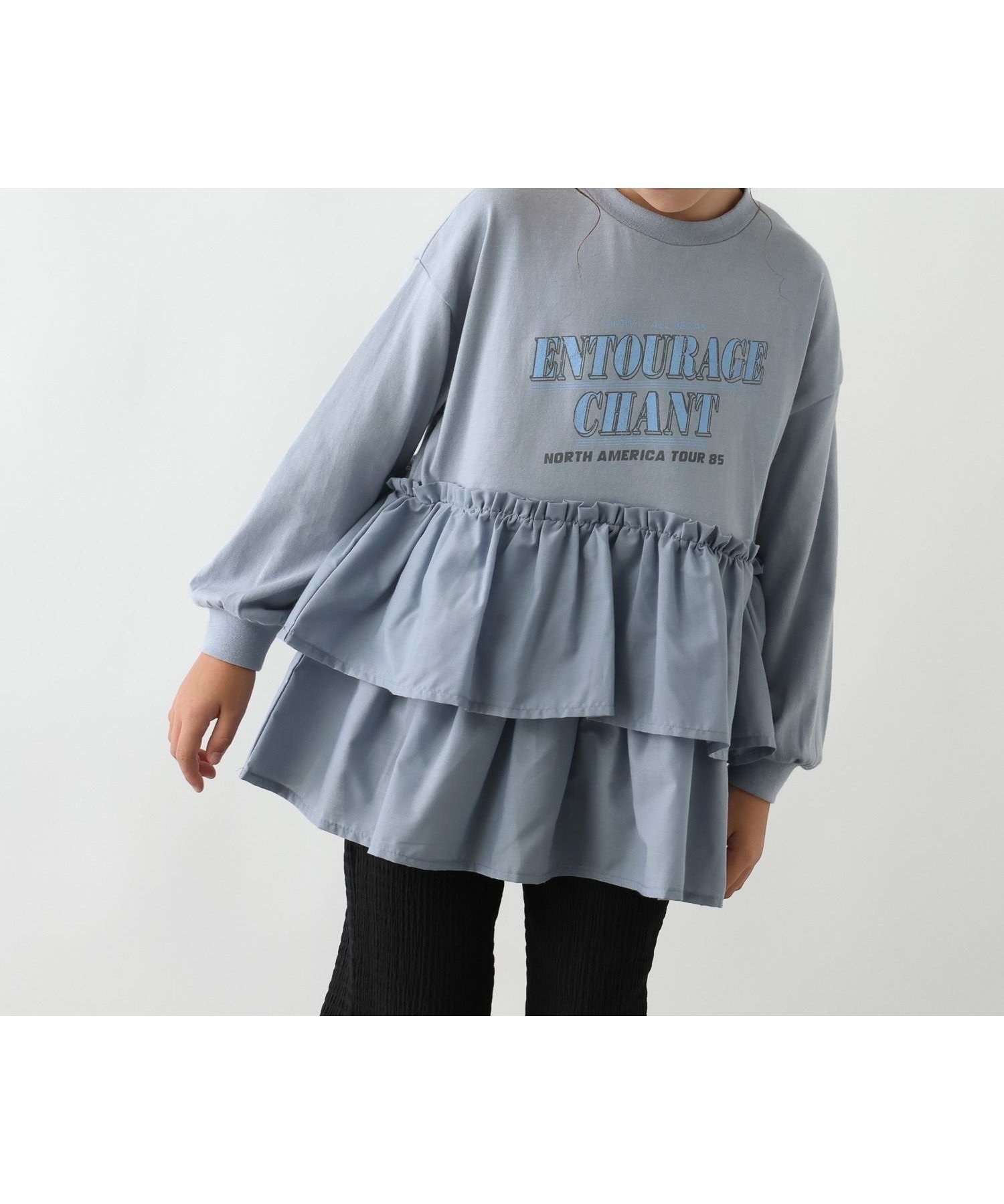 【グローバルワーク/GLOBAL WORK / KIDS】のロゴドッキングチュニック/キッズ/599758 インテリア・キッズ・メンズ・レディースファッション・服の通販 founy(ファウニー) 　ファッション　Fashion　キッズファッション　Fashion for Kids　おすすめ　Recommended / Our Picks　ガーリー　Girly, Feminine Style　シンプル　Simple, Minimal　チュニック　Tunic, Long Top　デニム　Denim, Jeans Material　フリル　Frill, Ruffle　フレア　Flare, Flared　プリント　Print, Printed Pattern　ボトム　Bottoms, Lower Wear　くすみサックス82|ID: prp329100004982979 ipo3291000000037329395