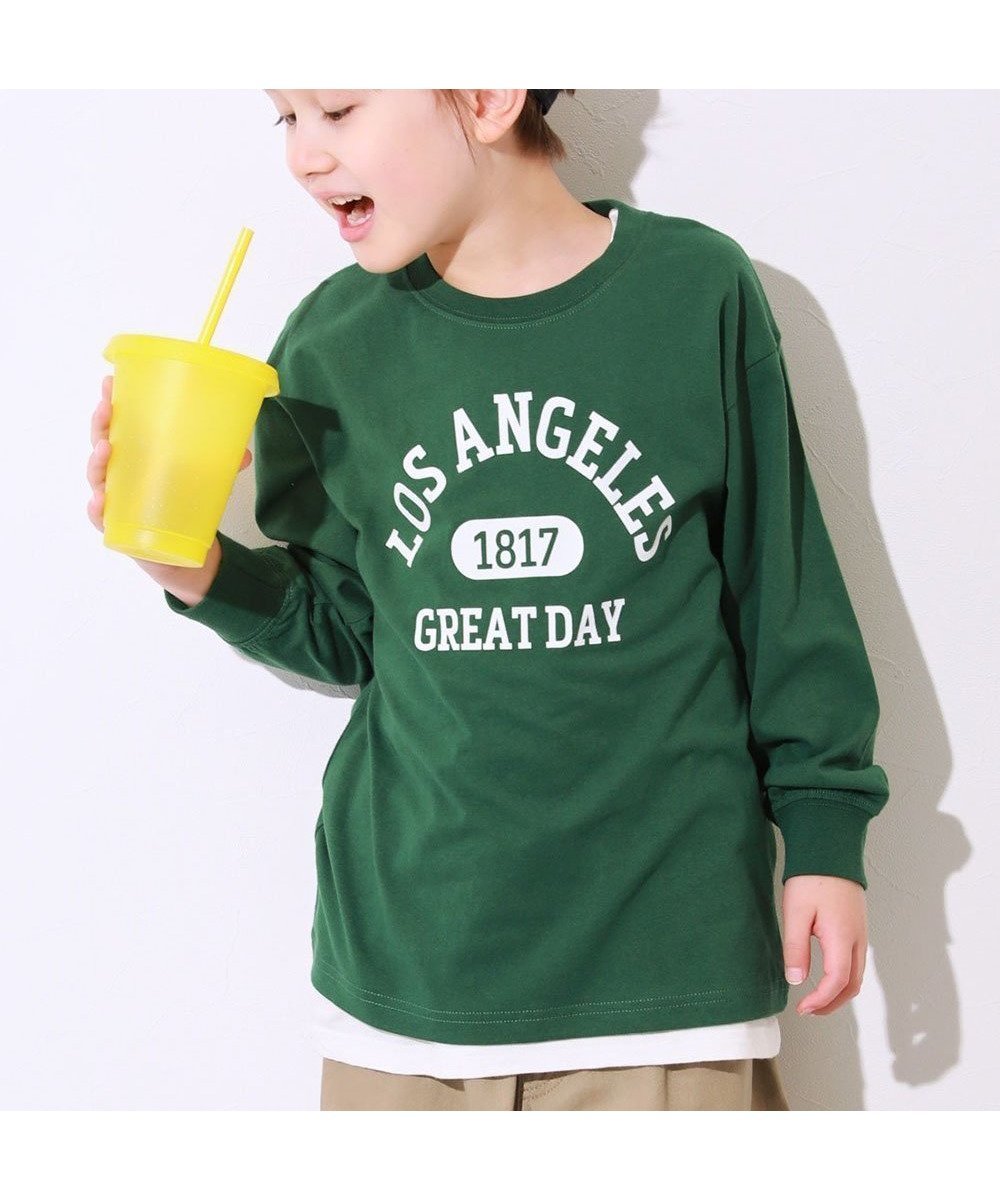 【デビロック/devirock / KIDS】の綿100% デビラボ BIGシルエット プリント袖リブ 長袖Tシャツ 子供服 キッズ 26SS インテリア・キッズ・メンズ・レディースファッション・服の通販 founy(ファウニー) 　ファッション　Fashion　キッズファッション　Fashion for Kids　キャップ　Cap, Baseball Cap　スニーカー　Sneakers, Trainers　トレンド　Trend, Trending Now　長袖　Long Sleeve, Full Sleeve　プリント　Print, Printed Pattern　おすすめ　Recommended / Our Picks　2026年　2026　2026春夏・S/S　Spring/Summer 2026 SS26　003-ロゴ2-ボトルグリーン|ID: prp329100004983007 ipo3291000000037329624