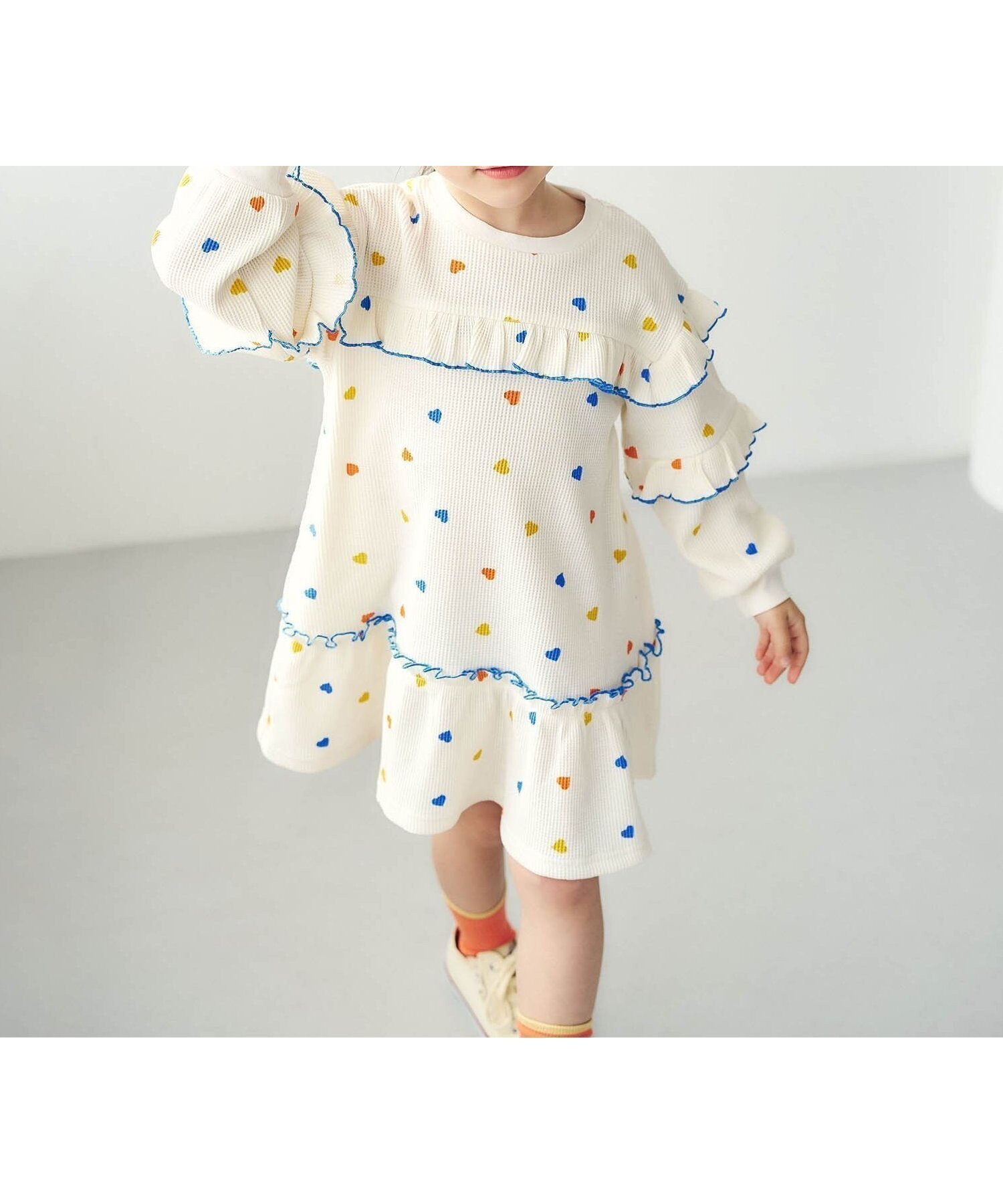 【エフオー オンラインストア/F.O.Online Store / KIDS】のワッフルメニーフリルワンピース 大人の最旬トレンドファッション＆コーディネート founy(ファウニー) 　ファッション　Fashion　キッズファッション　Fashion for Kids　ワンピース　Dresses　おすすめ　Recommended / Our Picks　デニム　Denim, Jeans Material　フリル　Frill, Ruffle　プリント　Print, Printed Pattern　レギンス　Leggings, Stretch Pants　ワッフル　Waffle, Waffle Knit　春　Spring　 other-1|ID: prp329100004983010 ipo3291000000037329650