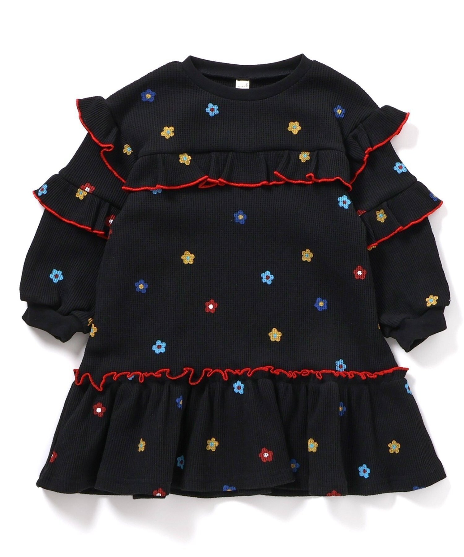 【エフオー オンラインストア/F.O.Online Store / KIDS】のワッフルメニーフリルワンピース インテリア・キッズ・メンズ・レディースファッション・服の通販 founy(ファウニー) 　ファッション　Fashion　キッズファッション　Fashion for Kids　ワンピース　Dresses　おすすめ　Recommended / Our Picks　デニム　Denim, Jeans Material　フリル　Frill, Ruffle　プリント　Print, Printed Pattern　レギンス　Leggings, Stretch Pants　ワッフル　Waffle, Waffle Knit　春　Spring　ブラック|ID: prp329100004983010 ipo3291000000037329652