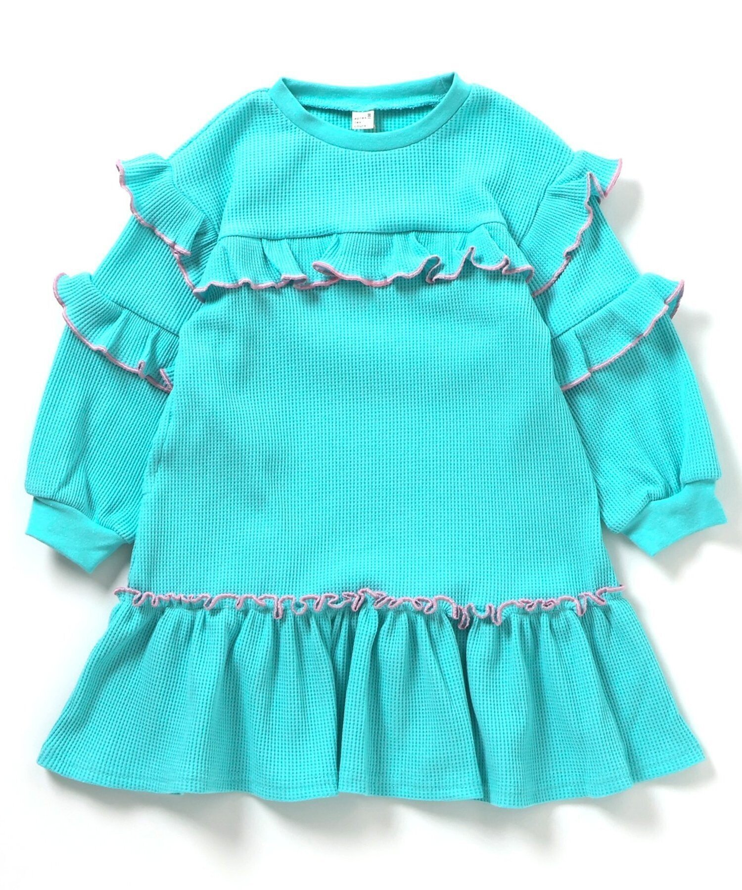 【エフオー オンラインストア/F.O.Online Store / KIDS】のワッフルメニーフリルワンピース インテリア・キッズ・メンズ・レディースファッション・服の通販 founy(ファウニー) 　ファッション　Fashion　キッズファッション　Fashion for Kids　ワンピース　Dresses　おすすめ　Recommended / Our Picks　デニム　Denim, Jeans Material　フリル　Frill, Ruffle　プリント　Print, Printed Pattern　レギンス　Leggings, Stretch Pants　ワッフル　Waffle, Waffle Knit　春　Spring　ターコイズブルー|ID: prp329100004983010 ipo3291000000037329654
