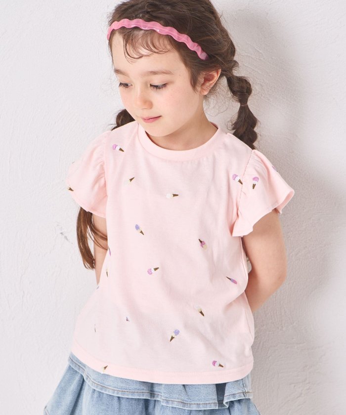 【ペアマノン/pairmanon / KIDS】の【綿100%】ガールズ 袖フリル アイス刺繍 半袖Tシャツ インテリア・キッズ・メンズ・レディースファッション・服の通販 founy(ファウニー) https://founy.com/ ファッション Fashion キッズファッション Fashion for Kids おすすめ Recommended / Our Picks フリル Frill, Ruffle 半袖 Short Sleeve, Half Sleeve |ID: prp329100004983013 ipo3291000000037329668