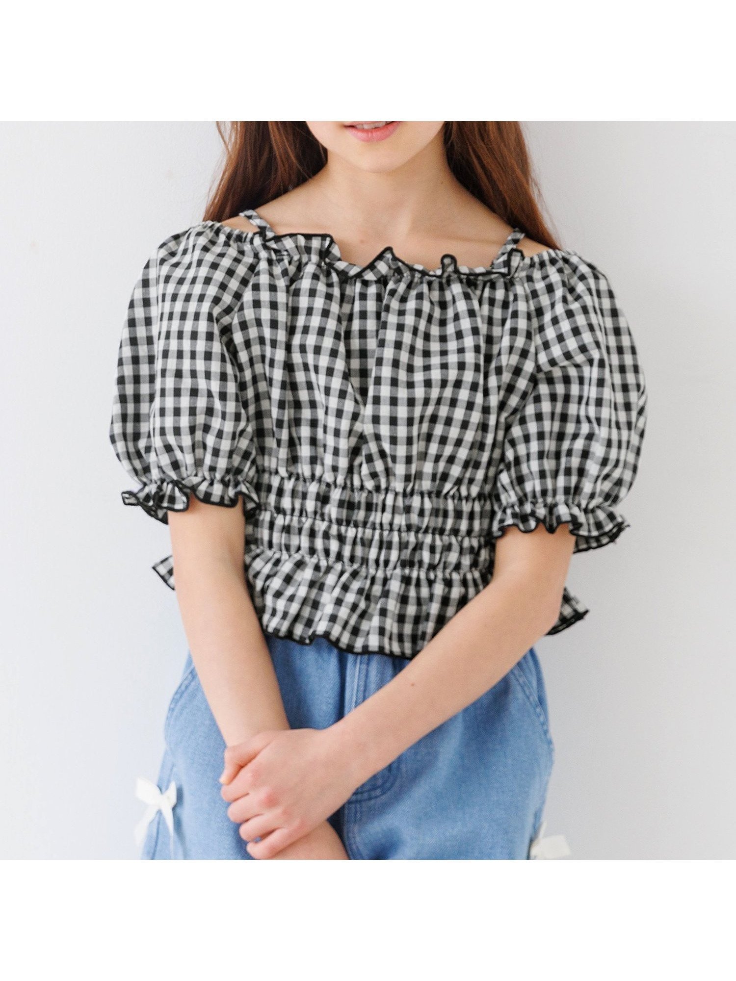 【コカ/coca / KIDS】のキッズ ギンガムチェックブラウス インテリア・キッズ・メンズ・レディースファッション・服の通販 founy(ファウニー) 　ファッション　Fashion　キッズファッション　Fashion for Kids　ガーリー　Girly, Feminine Style　ギンガム　Gingham, Gingham Fabric　シャーリング　Shirring, Ruched　ショート　Short, Short Length　スリーブ　Sleeve, Long Sleeve / Short Sleeve　チェック　Check, Plaid, Tartan　デニム　Denim, Jeans Material　フリル　Frill, Ruffle　ポケット　Pocket, Pocket Detail　2026年　2026　2026春夏・S/S　Spring/Summer 2026 SS26　Black|ID: prp329100004983019 ipo3291000000037329705