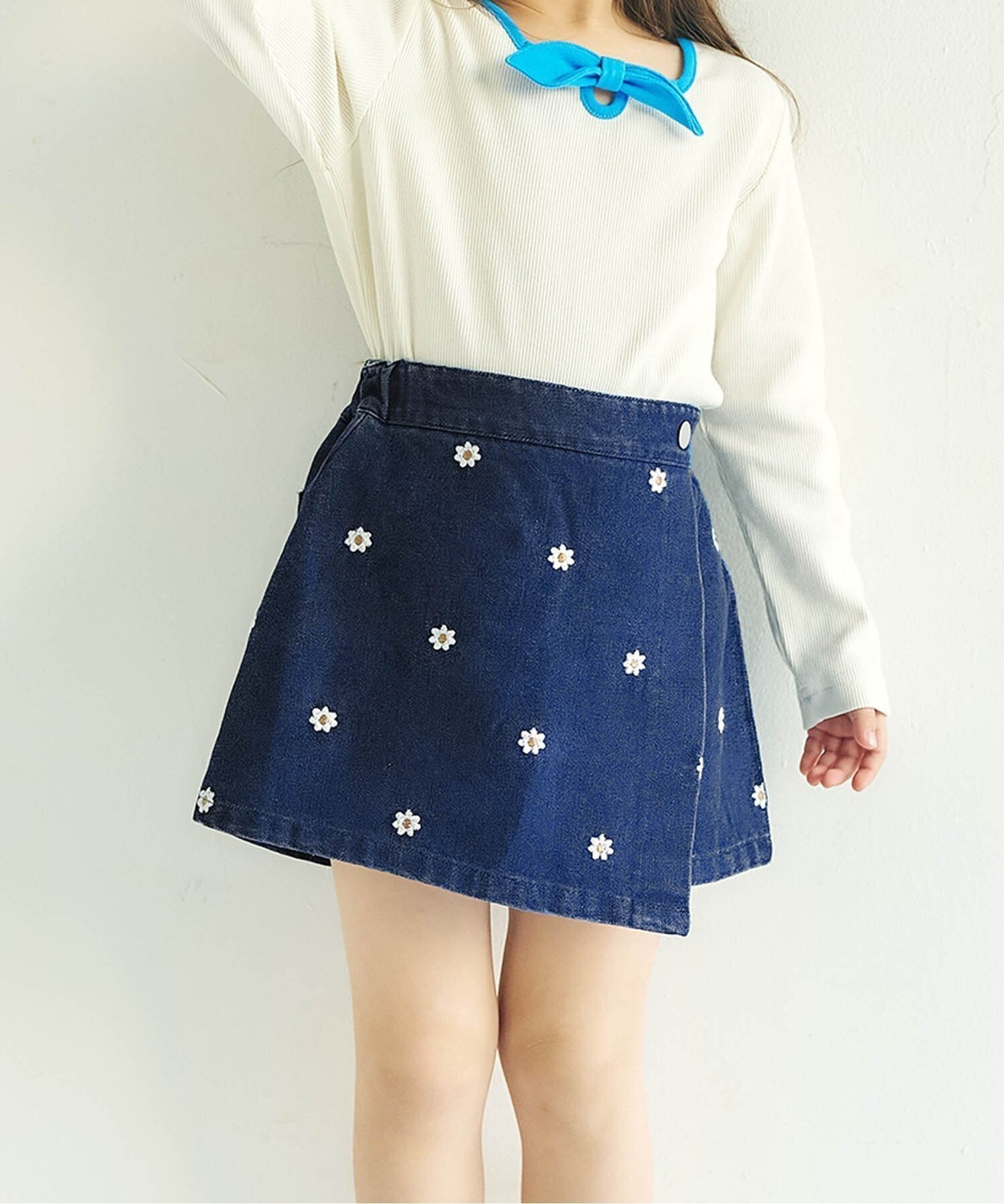 【エフオー オンラインストア/F.O.Online Store / KIDS】のハート・デイジー刺繍ラップキュロット ショート丈 インテリア・キッズ・メンズ・レディースファッション・服の通販 founy(ファウニー) 　ファッション　Fashion　キッズファッション　Fashion for Kids　キュロット　Culottes, Wide Shorts　ショート　Short, Short Length　ラップ　Wrap, Wrap Design　ブルー|ID: prp329100004983050 ipo3291000000037329964