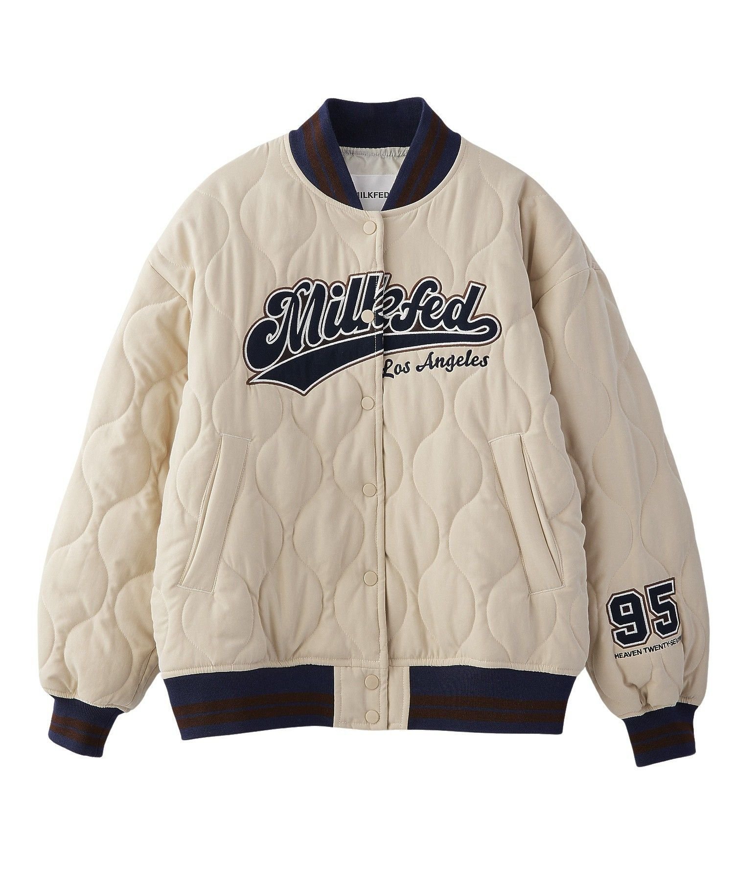 【ミルクフェド/MILKFED.】のLOGO PATCH QUILTED JACKET インテリア・キッズ・メンズ・レディースファッション・服の通販 founy(ファウニー) 　ファッション　Fashion　レディースファッション　Fashion for Women　アウター　Coat / Outerwear Collection　レディースジャケット・軽アウター　Jackets　ガーリー　Girly, Feminine Style　キルト　Quilt, Quilted Fabric　サテン　Satin, Glossy Fabric　ジャケット　Jacket, Outerwear　ティアードスカート　Tiered Skirt, Flounced Skirt　ビッグ　Big, Oversized　ピーチ　Peach, Soft Touch　おすすめ　Recommended / Our Picks　OFF_WHITE|ID: prp329100004983137 ipo3291000000037330465