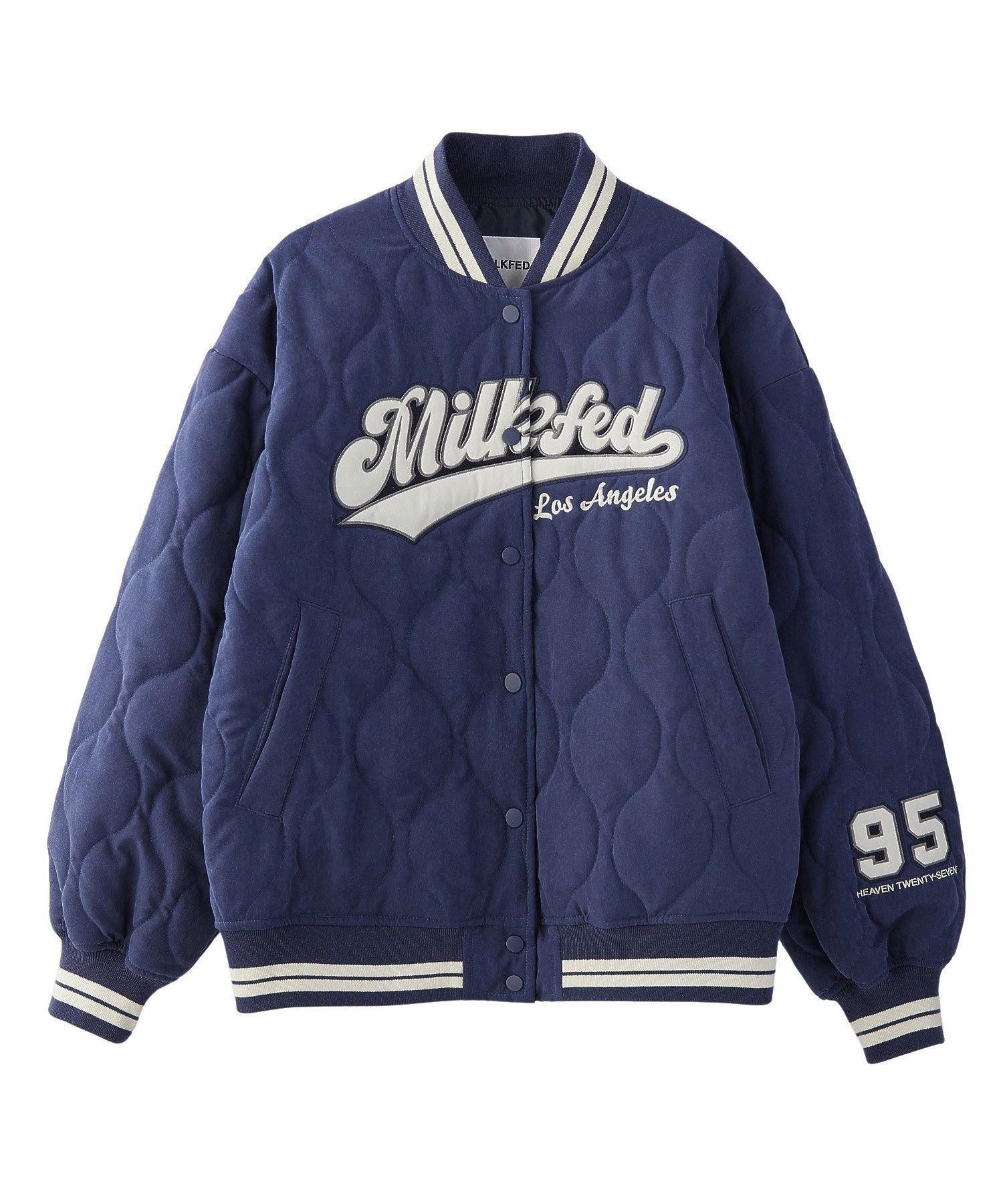 【ミルクフェド/MILKFED.】のLOGO PATCH QUILTED JACKET インテリア・キッズ・メンズ・レディースファッション・服の通販 founy(ファウニー) 　ファッション　Fashion　レディースファッション　Fashion for Women　アウター　Coat / Outerwear Collection　レディースジャケット・軽アウター　Jackets　ガーリー　Girly, Feminine Style　キルト　Quilt, Quilted Fabric　サテン　Satin, Glossy Fabric　ジャケット　Jacket, Outerwear　ティアードスカート　Tiered Skirt, Flounced Skirt　ビッグ　Big, Oversized　ピーチ　Peach, Soft Touch　おすすめ　Recommended / Our Picks　NAVY|ID: prp329100004983137 ipo3291000000037330467