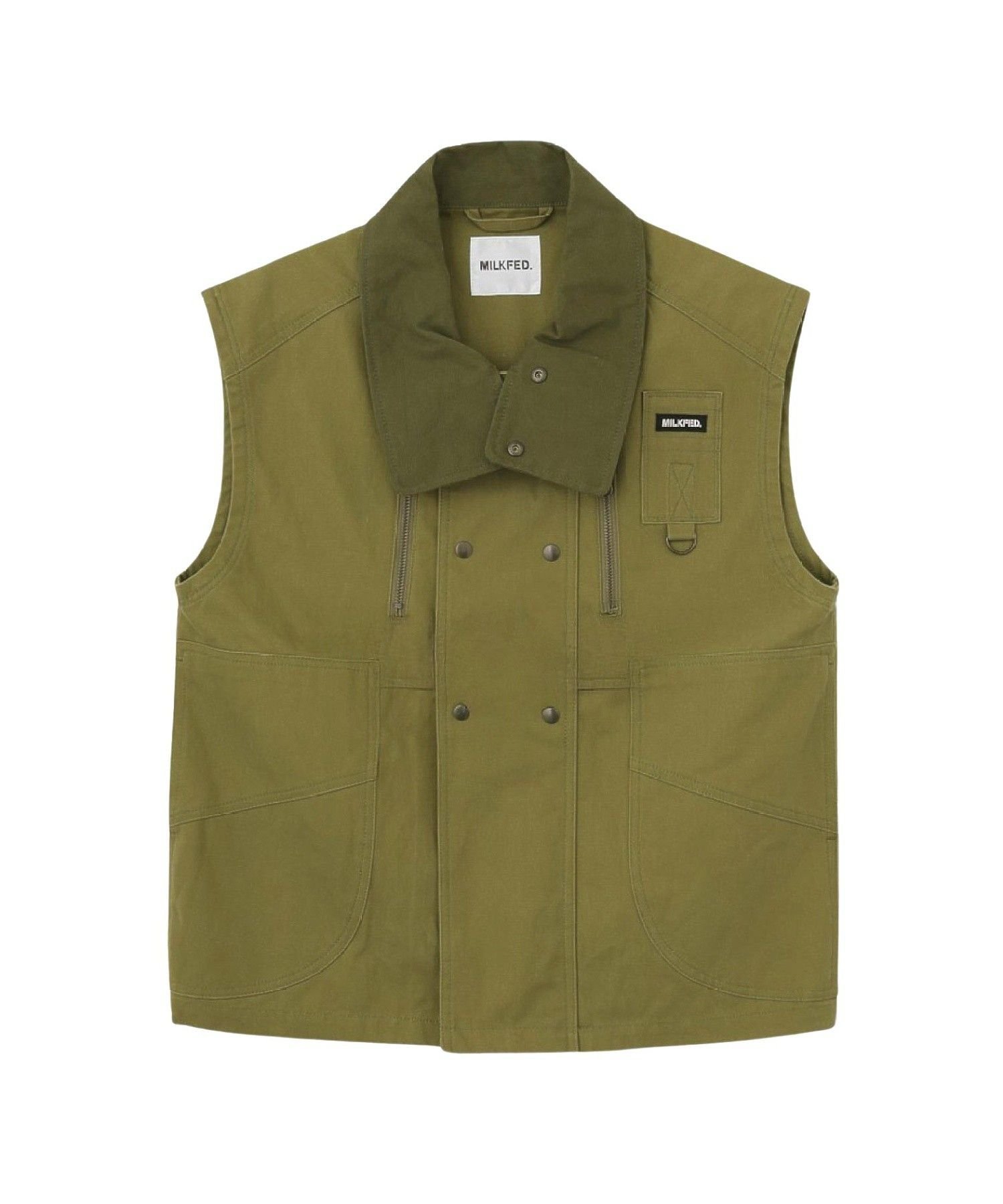 【ミルクフェド/MILKFED.】のDEFORMED COLLAR DUCK VEST インテリア・キッズ・メンズ・レディースファッション・服の通販 founy(ファウニー) 　ファッション　Fashion　レディースファッション　Fashion for Women　アウター　Coat / Outerwear Collection　トップス・カットソー　Cut & Sew Tops　ベスト&ジレ / 重ね着スタイル　Vests & Gilets　ガーリー　Girly, Feminine Style　スタンド　Stand Collar, Upright Stand　ダブル　Double, Double-Breasted　チェック　Check, Plaid, Tartan　ベスト　Vest, Waistcoat　ボトム　Bottoms, Lower Wear　ポケット　Pocket, Pocket Detail　おすすめ　Recommended / Our Picks　OLIVE|ID: prp329100004983145 ipo3291000000037330498