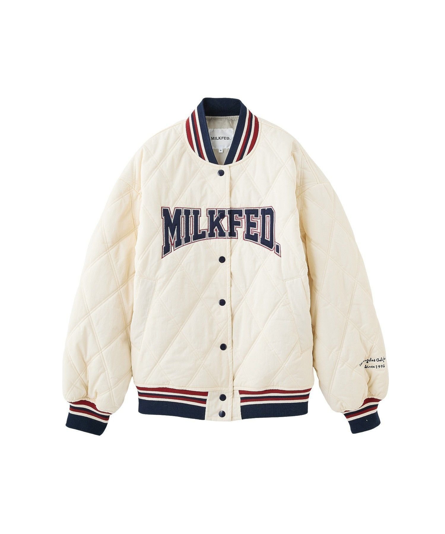 【ミルクフェド/MILKFED.】のSATIN LOGO PATCH QUILTED JACKET インテリア・キッズ・メンズ・レディースファッション・服の通販 founy(ファウニー) 　ファッション　Fashion　レディースファッション　Fashion for Women　アウター　Coat / Outerwear Collection　レディースジャケット・軽アウター　Jackets　ガーリー　Girly, Feminine Style　キルト　Quilt, Quilted Fabric　サテン　Satin, Glossy Fabric　ジャケット　Jacket, Outerwear　スウェット / スエット　Sweatshirt, Sweatwear　デニム　Denim, Jeans Material　ドット　Polka Dot, Dot Pattern　ミックス　Mix, Mixed Style　おすすめ　Recommended / Our Picks　OFF_WHITE|ID: prp329100004983148 ipo3291000000037330508