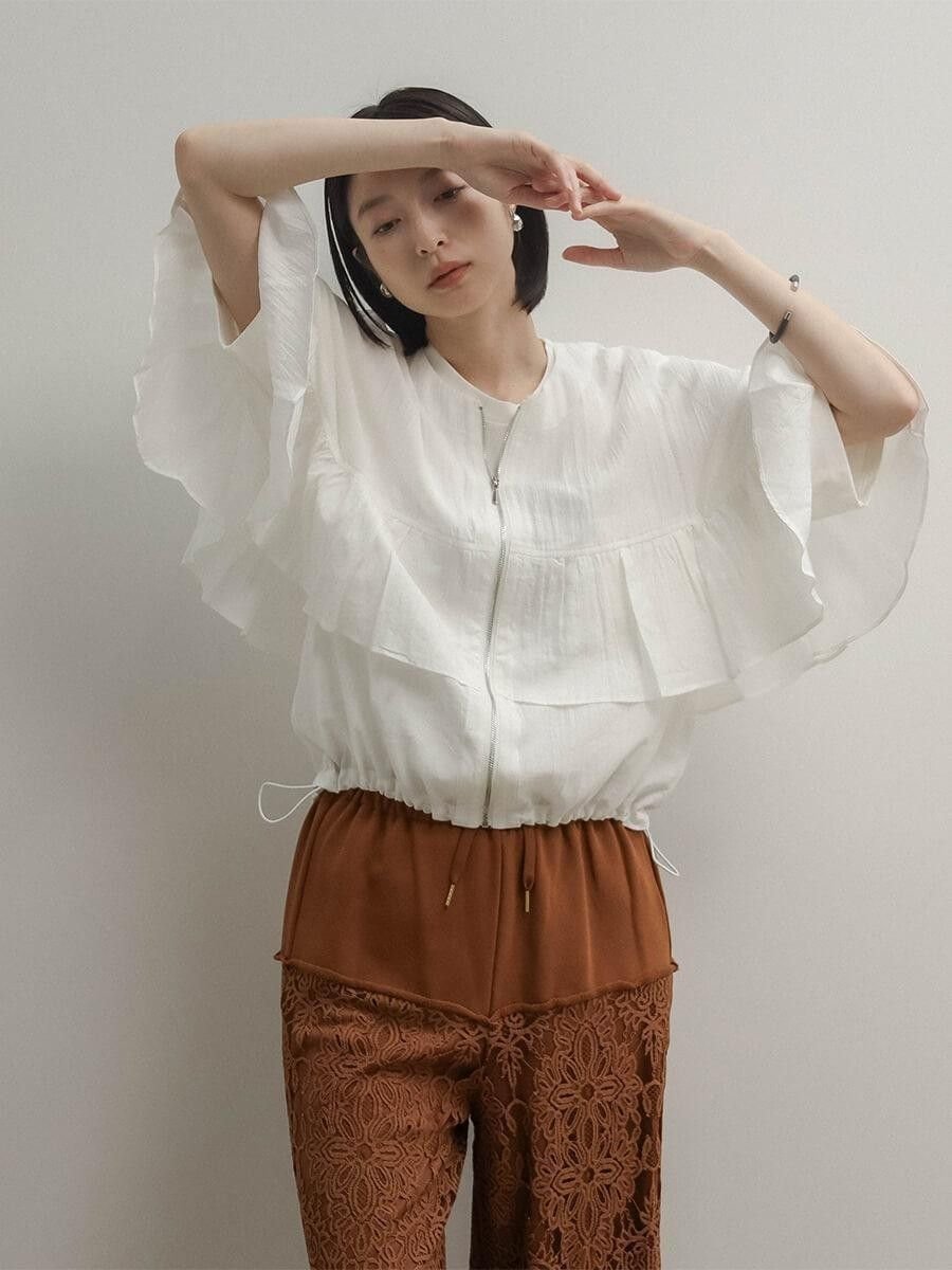 【ラシュッド/LASUD】のシアーフリルドロストジップブルゾン インテリア・キッズ・メンズ・レディースファッション・服の通販 founy(ファウニー) 　ファッション　Fashion　レディースファッション　Fashion for Women　アウター　Coat / Outerwear Collection　ブルゾンジャケット・スポーティアウター　Blouson Jackets　シアー　Sheer, See-Through　スリーブ　Sleeve, Long Sleeve / Short Sleeve　フレア　Flare, Flared　ロング　Long, Long-Length　ホワイト|ID: prp329100004983155 ipo3291000000037330536
