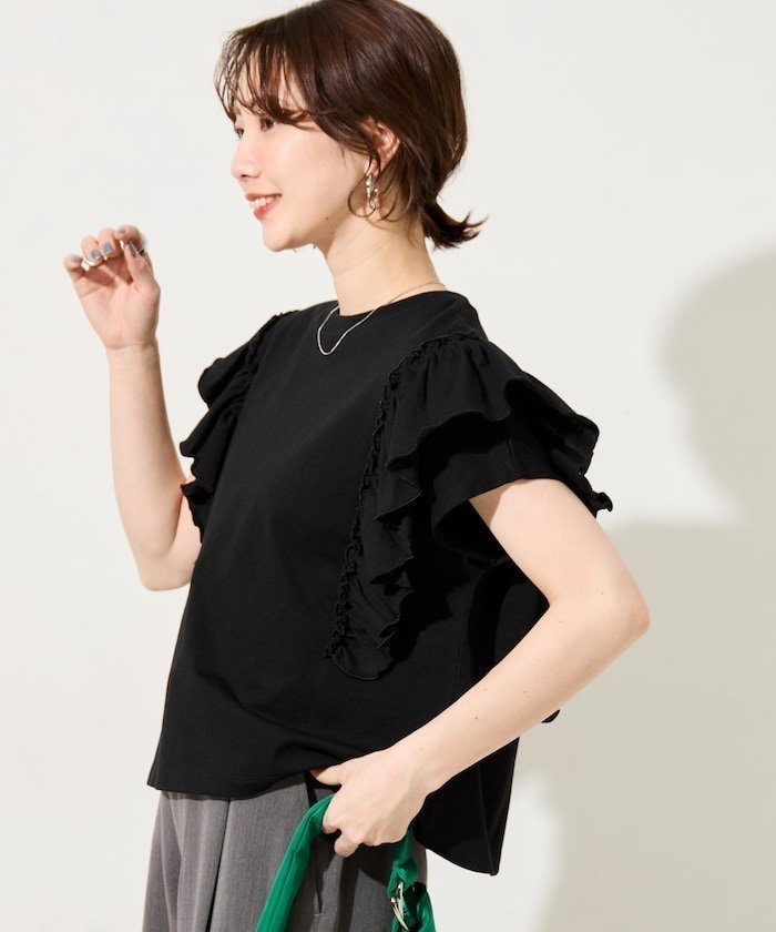 【フリークスストア/FREAK'S STORE】の限定展開 フリル スリーブ Tシャツ インテリア・キッズ・メンズ・レディースファッション・服の通販 founy(ファウニー) 　ファッション　Fashion　レディースファッション　Fashion for Women　トップス・カットソー　Cut & Sew Tops　シャツ・ブラウス・オフィスカジュアル　Elegant Blouses & Button-Ups　ロングTシャツ・Tシャツ　Longline T-Shirts & Tees　2026年　2026　2026春夏・S/S　Spring/Summer 2026 SS26　カットソー　Cut and Sewn Top　スリーブ　Sleeve, Long Sleeve / Short Sleeve　トレンド　Trend, Trending Now　フリル　Frill, Ruffle　夏　Summer　S/S・春夏　SS, Spring/Summer, Warm Season　ブラック|ID: prp329100004983313 ipo3291000000037331432
