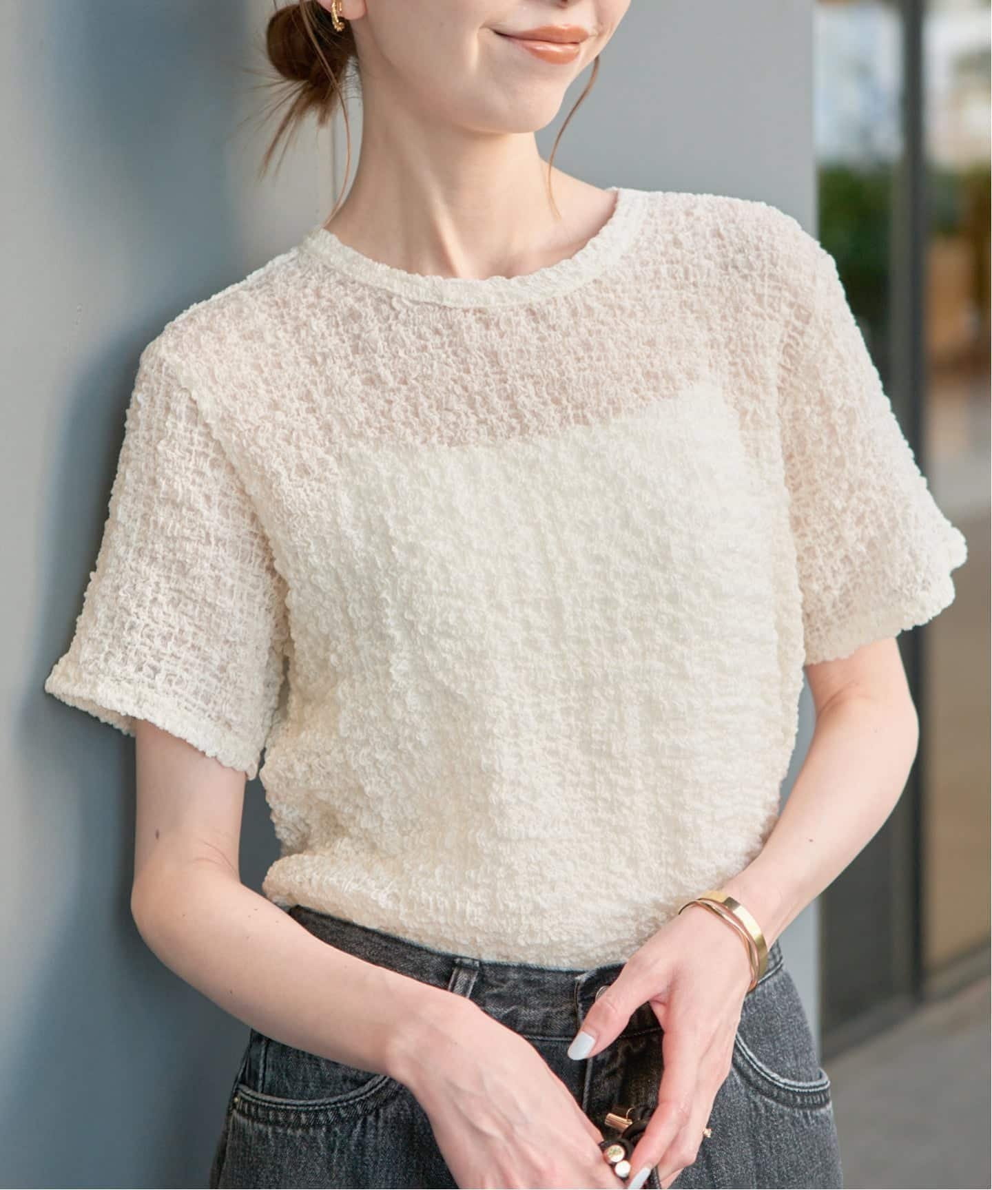 【スローブ イエナ/SLOBE IENA】のシャーリングシアーTEE 大人の最旬トレンドファッション＆コーディネート founy(ファウニー) 　ファッション　Fashion　レディースファッション　Fashion for Women　2026年　2026　2026春夏・S/S　Spring/Summer 2026 SS26　シアー　Sheer, See-Through　シャーリング　Shirring, Ruched　シンプル　Simple, Minimal　スラックス　Slacks, Dress Pants　デニム　Denim, Jeans Material　エレガント 上品　Elegant　夏　Summer　 other-1|ID: prp329100004983359 ipo3291000000037331692
