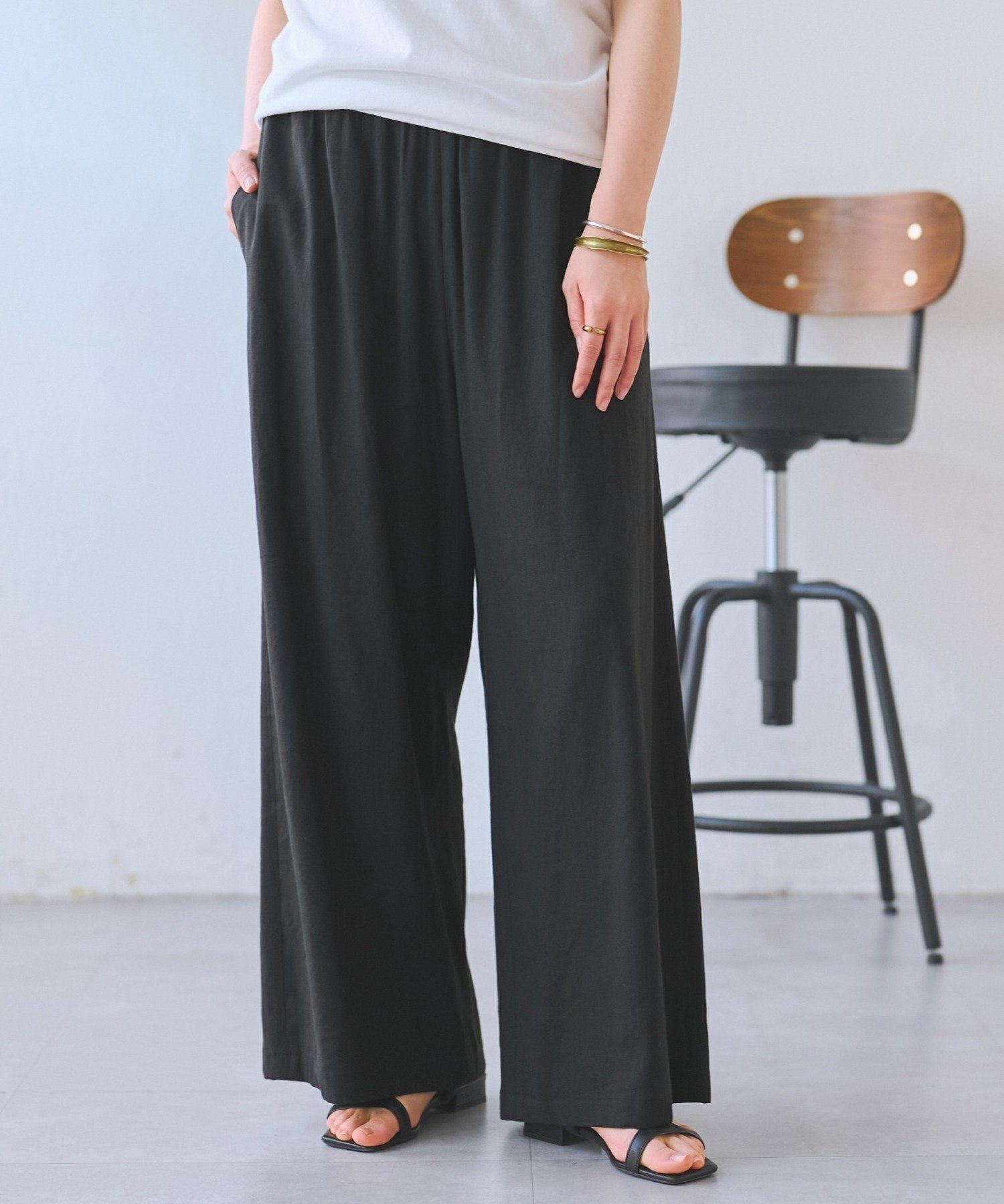 【ビアズリー/BEARDSLEY】のリネンウエストリブパンツ インテリア・キッズ・メンズ・レディースファッション・服の通販 founy(ファウニー) 　ファッション　Fashion　レディースファッション　Fashion for Women　パンツ　Pants & Trousers　洗える　Machine Washable　カットソー　Cut and Sewn Top　定番　Standard, Basic Item　ポケット　Pocket, Pocket Detail　リネン　Linen, Linen Fabric　ワイド　Wide, Wide Fit　再入荷　Restock / Back in Stock　ブラック|ID: prp329100004983373 ipo3291000000037331766