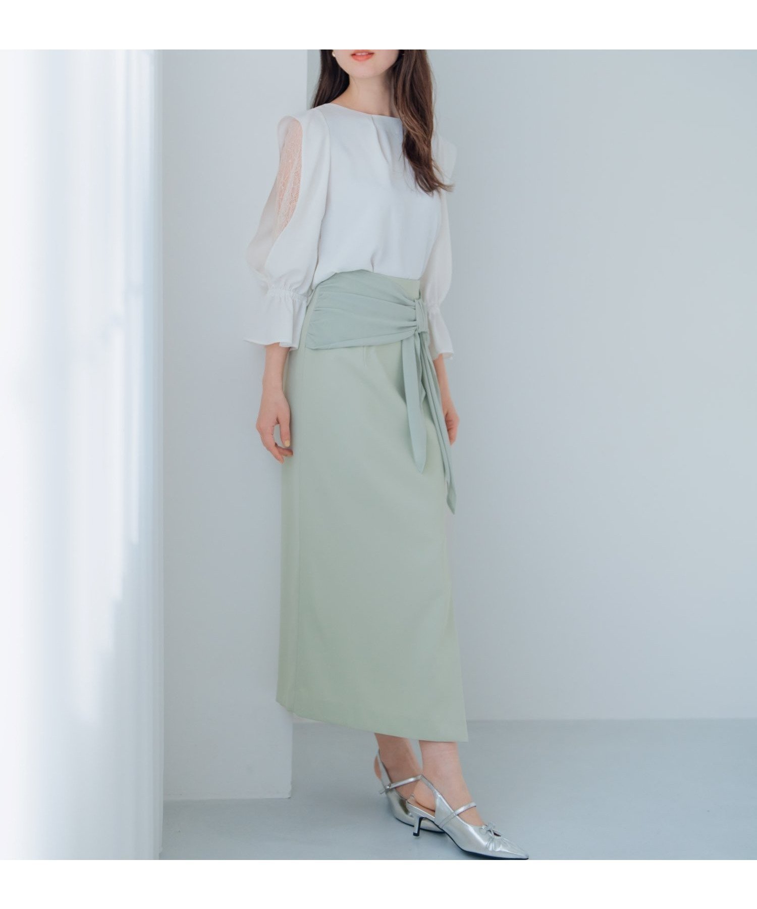 【ミッシュマッシュ/MISCH MASCH】のシフォンリボンタイトスカート/MM517207 インテリア・キッズ・メンズ・レディースファッション・服の通販 founy(ファウニー) 　ファッション　Fashion　レディースファッション　Fashion for Women　スカート　Skirts　アシンメトリー　Asymmetrical Style　シフォン　Chiffon, Lightweight Fabric　スマート　Smart, Elegant　タイトスカート　Pencil Skirt, Tight Skirt　ポケット　Pocket, Pocket Detail　ラップ　Wrap, Wrap Design　リボン　Ribbon, Bow　グリーン|ID: prp329100004983472 ipo3291000000037332199