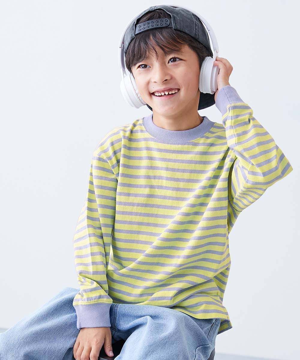 【デビロック/devirock / KIDS】の綿100% お洗濯してもよれにくい ビッグシルエット 袖リブ ボーダー 長袖Tシャツ 26SS インテリア・キッズ・メンズ・レディースファッション・服の通販 founy(ファウニー) 　ファッション　Fashion　キッズファッション　Fashion for Kids　インナー　Innerwear　トレンド　Trend, Trending Now　人気　Popular, Best Seller　長袖　Long Sleeve, Full Sleeve　ビッグ　Big, Oversized　ボーダー　Border, Stripe　リラックス　Relax, Relaxed Fit　ロング　Long, Long-Length　おすすめ　Recommended / Our Picks　2026年　2026　2026春夏・S/S　Spring/Summer 2026 SS26　019-Sイエロー-Dブルー|ID: prp329100004983679 ipo3291000000037333467