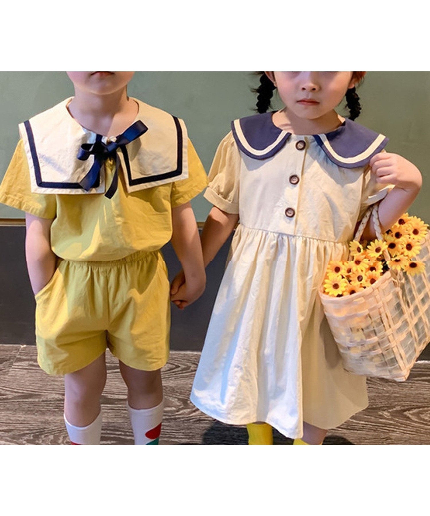【アイモハ/aimoha / KIDS】の【aimoha-KIDS-】セーラーカラーセットアップ インテリア・キッズ・メンズ・レディースファッション・服の通販 founy(ファウニー) 　ファッション　Fashion　キッズファッション　Fashion for Kids　イエロー　Yellow　セットアップ　Set-Up, Coordinated Outfit　リボン　Ribbon, Bow　ベージュ系その他|ID: prp329100004983683 ipo3291000000037333492