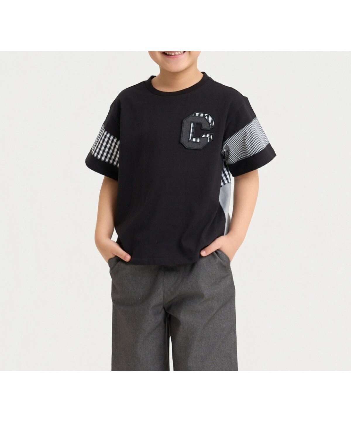 【コムサイズム/COMME CA ISM / KIDS】のギンガムチェック 切り替え 半袖Tシャツ インテリア・キッズ・メンズ・レディースファッション・服の通販 founy(ファウニー) 　ファッション　Fashion　キッズファッション　Fashion for Kids　ギンガム　Gingham, Gingham Fabric　切替　Switching, Contrast Panel　チェック　Check, Plaid, Tartan　なめらか　Smooth, Silky Texture　バランス　Balance, Style Balance　ブロード　Broadcloth, Fine Cotton　ベビー　Baby, Babywear　半袖　Short Sleeve, Half Sleeve　モノトーン　Monotone, Black and White　無地　Plain, Solid Color　エレガント 上品　Elegant　ブラック|ID: prp329100004983687 ipo3291000000037333514