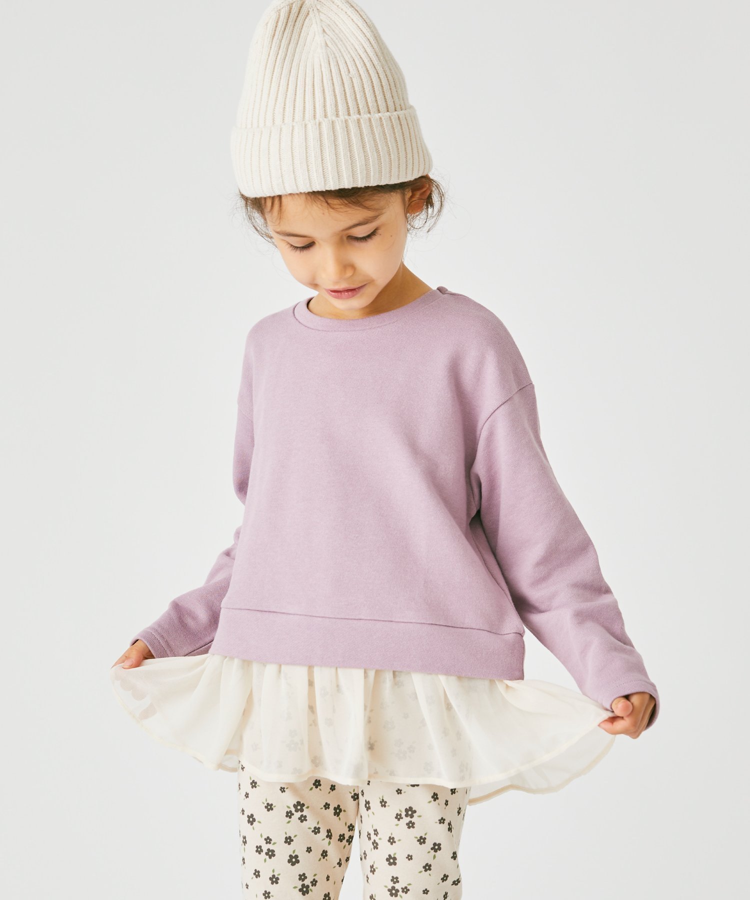 【エバ―クローゼット/ever closet / KIDS】のフリル付きトップス インテリア・キッズ・メンズ・レディースファッション・服の通販 founy(ファウニー) 　ファッション　Fashion　キッズファッション　Fashion for Kids　トップス・カットソー　Cut & Sew Tops　吸水　Absorbent, Quick-Dry　シフォン　Chiffon, Lightweight Fabric　トレンド　Trend, Trending Now　ドッキング　Docking, Mixed Material　人気　Popular, Best Seller　フリル　Frill, Ruffle　ラベンダー　Lavender　楽ちん　Easy Fit, Comfortable　再入荷　Restock / Back in Stock　ラベンダーベージュ|ID: prp329100004983747 ipo3291000000037333933