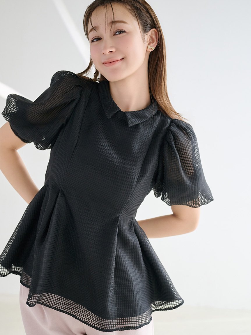 【セルフォード/CELFORD】の【洗える】襟付きメッシュブラウス インテリア・キッズ・メンズ・レディースファッション・服の通販 founy(ファウニー) 　ファッション　Fashion　レディースファッション　Fashion for Women　トップス・カットソー　Cut & Sew Tops　シャツ・ブラウス・オフィスカジュアル　Elegant Blouses & Button-Ups　おすすめ　Recommended / Our Picks　ウェーブ　Wavy Pattern　シェイプ　Shape, Slim Fit　ストレート　Straight, Straight Cut　スマート　Smart, Elegant　チュール　Tulip, Tulip Motif　バルーン　Balloon, Balloon Silhouette　ペプラム　Peplum, Flared Hem　メッシュ　Mesh, Net Fabric　エレガント 上品　Elegant　洗える　Machine Washable　BLK[009]|ID: prp329100004984121 ipo3291000000037377264