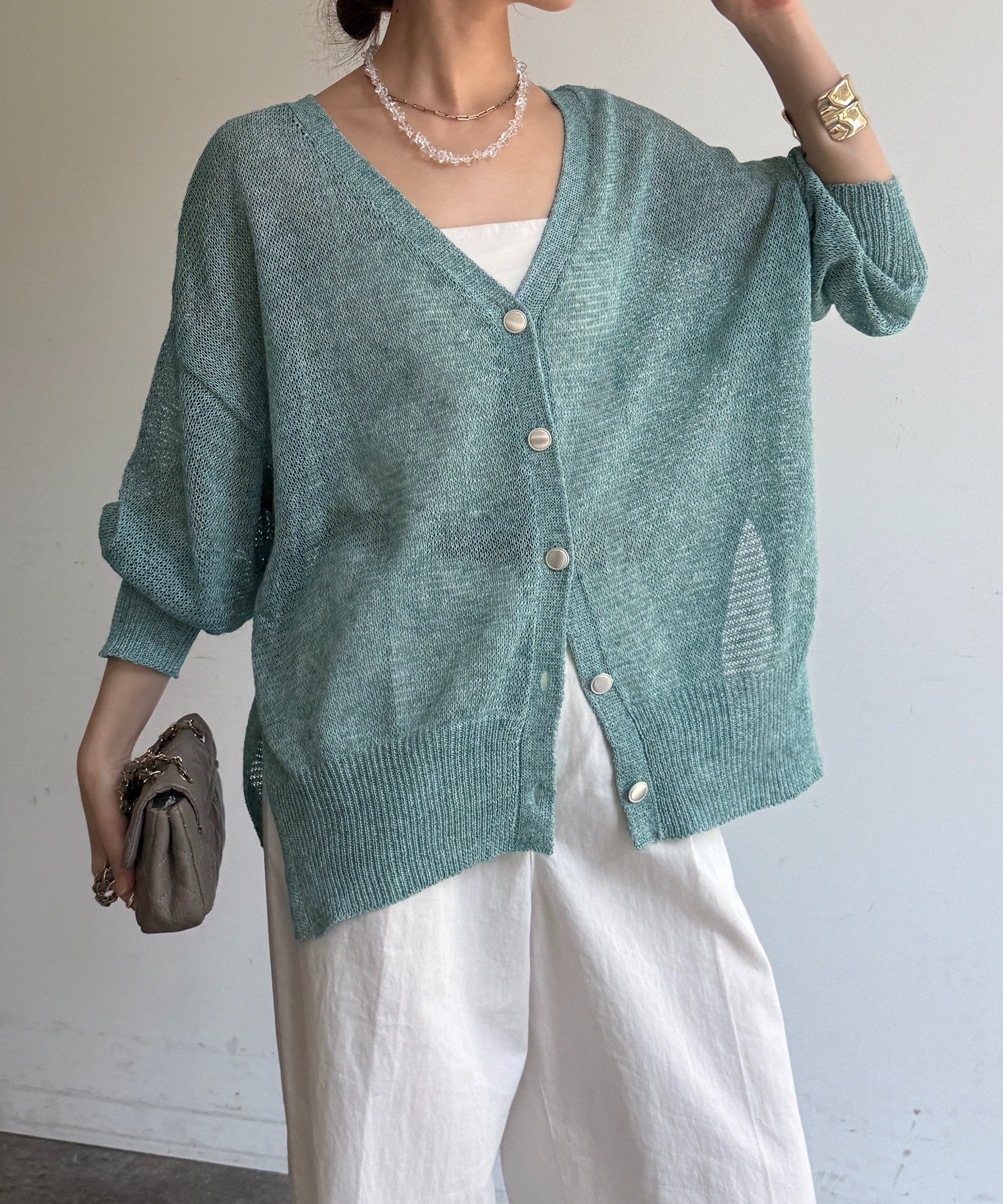 【ドゥドゥ/DouDou】のメランジ前後2WAYカーディガン インテリア・キッズ・メンズ・レディースファッション・服の通販 founy(ファウニー) 　ファッション　Fashion　レディースファッション　Fashion for Women　トップス・カットソー　Cut & Sew Tops　カーディガン・羽織り　Layered Style Cardigans　インナー　Innerwear　カーディガン　Cardigan, Knitwear　シンプル　Simple, Minimal　スマート　Smart, Elegant　雑誌　Magazine, Fashion Magazine　メランジ　Melange, Mixed Yarn　リラックス　Relax, Relaxed Fit　ロング　Long, Long-Length　S/S・春夏　SS, Spring/Summer, Warm Season　再入荷　Restock / Back in Stock　夏　Summer　エレガント 上品　Elegant　2026年　2026　2026春夏・S/S　Spring/Summer 2026 SS26　グリーン|ID: prp329100004984132 ipo3291000000037337204