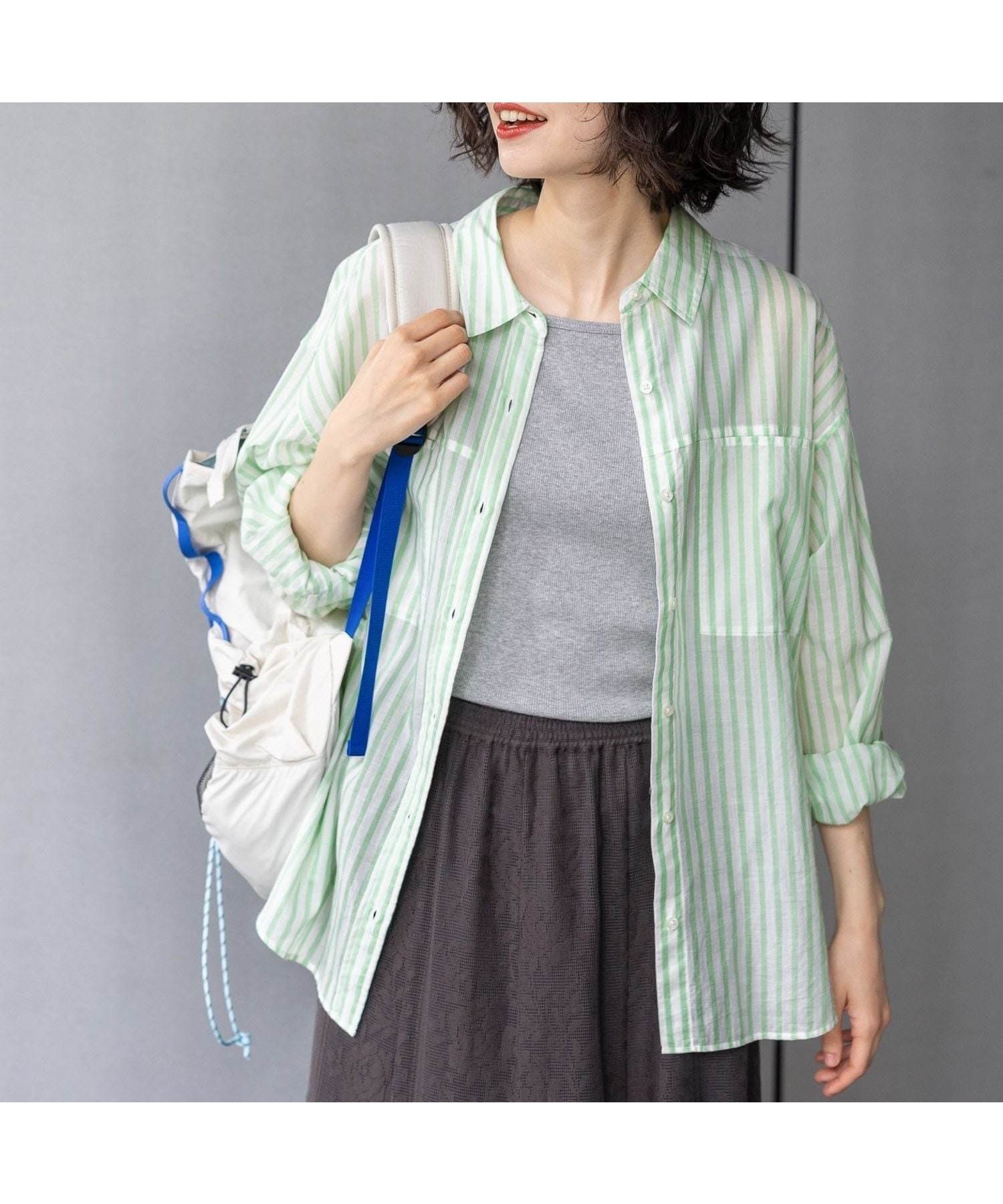 【ニコアンド/niko and】のプレミアムローン柄シャツ インテリア・キッズ・メンズ・レディースファッション・服の通販 founy(ファウニー) 　ファッション　Fashion　レディースファッション　Fashion for Women　トップス・カットソー　Cut & Sew Tops　シャツ・ブラウス・オフィスカジュアル　Elegant Blouses & Button-Ups　おすすめ　Recommended / Our Picks　ギンガム　Gingham, Gingham Fabric　スウェット / スエット　Sweatshirt, Sweatwear　ストライプ　Stripe, Striped Pattern　タンク　Tank Top, Sleeveless Top　チェック　Check, Plaid, Tartan　プレミアム　Premium, High-End　ベーシック　Basic, Essential　定番　Standard, Basic Item　春　Spring　グリーンストライプ|ID: prp329100004984163 ipo3291000000037337406