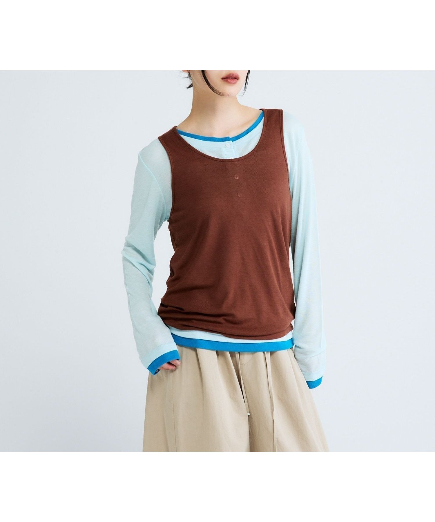 【ジーナシス/JEANASiS】の3カラーシアーレイヤードヘンリー2ピース インテリア・キッズ・メンズ・レディースファッション・服の通販 founy(ファウニー) 　ファッション　Fashion　レディースファッション　Fashion for Women　おすすめ　Recommended / Our Picks　インナー　Innerwear　タンク　Tank Top, Sleeveless Top　トレンド　Trend, Trending Now　ボトム　Bottoms, Lower Wear　ワイド　Wide, Wide Fit　夏　Summer　春　Spring　ブルー系その他|ID: prp329100004984248 ipo3291000000037337918