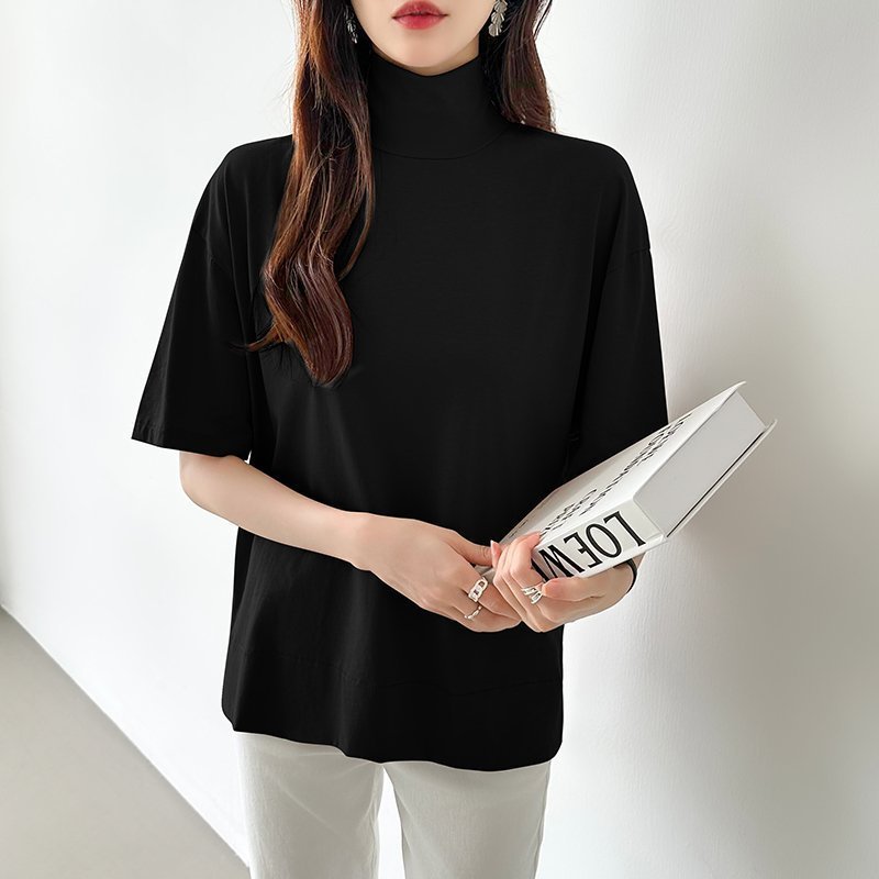 【ココモモ/COCOMOMO】のハイネックTシャツ 半袖カットソー コットンT トップス レディース インテリア・キッズ・メンズ・レディースファッション・服の通販 founy(ファウニー) 　ファッション　Fashion　レディースファッション　Fashion for Women　トップス・カットソー　Cut & Sew Tops　シャツ・ブラウス・オフィスカジュアル　Elegant Blouses & Button-Ups　ロングTシャツ・Tシャツ　Longline T-Shirts & Tees　カットソー・ベーシックTシャツ　Cut-and-Sewn Tops / Stretch Tees & Basics　イエロー　Yellow　春　Spring　カットソー　Cut and Sewn Top　吸水　Absorbent, Quick-Dry　シンプル　Simple, Minimal　ストレッチ　Stretch, Stretchy Fabric　デニム　Denim, Jeans Material　人気　Popular, Best Seller　ハイネック　High Neck, Mock Neck　パープル　Purple, Violet　ボーダー　Border, Stripe　半袖　Short Sleeve, Half Sleeve　モックネック　Mock Neck, Short Turtleneck　無地　Plain, Solid Color　ロング　Long, Long-Length　ワイド　Wide, Wide Fit　S/S・春夏　SS, Spring/Summer, Warm Season　おすすめ　Recommended / Our Picks　夏　Summer　旅行　Travel　エレガント 上品　Elegant　ビジネス 仕事 通勤　Business / Work / Commuting　ブラック|ID: prp329100004984271 ipo3291000000037338042