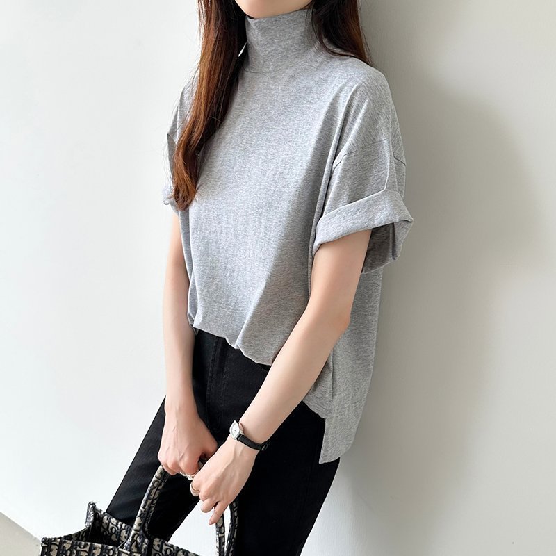 【ココモモ/COCOMOMO】のハイネックTシャツ 半袖カットソー コットンT トップス レディース インテリア・キッズ・メンズ・レディースファッション・服の通販 founy(ファウニー) 　ファッション　Fashion　レディースファッション　Fashion for Women　トップス・カットソー　Cut & Sew Tops　シャツ・ブラウス・オフィスカジュアル　Elegant Blouses & Button-Ups　ロングTシャツ・Tシャツ　Longline T-Shirts & Tees　カットソー・ベーシックTシャツ　Cut-and-Sewn Tops / Stretch Tees & Basics　イエロー　Yellow　春　Spring　カットソー　Cut and Sewn Top　吸水　Absorbent, Quick-Dry　シンプル　Simple, Minimal　ストレッチ　Stretch, Stretchy Fabric　デニム　Denim, Jeans Material　人気　Popular, Best Seller　ハイネック　High Neck, Mock Neck　パープル　Purple, Violet　ボーダー　Border, Stripe　半袖　Short Sleeve, Half Sleeve　モックネック　Mock Neck, Short Turtleneck　無地　Plain, Solid Color　ロング　Long, Long-Length　ワイド　Wide, Wide Fit　S/S・春夏　SS, Spring/Summer, Warm Season　おすすめ　Recommended / Our Picks　夏　Summer　旅行　Travel　エレガント 上品　Elegant　ビジネス 仕事 通勤　Business / Work / Commuting　グレー|ID: prp329100004984271 ipo3291000000037338044