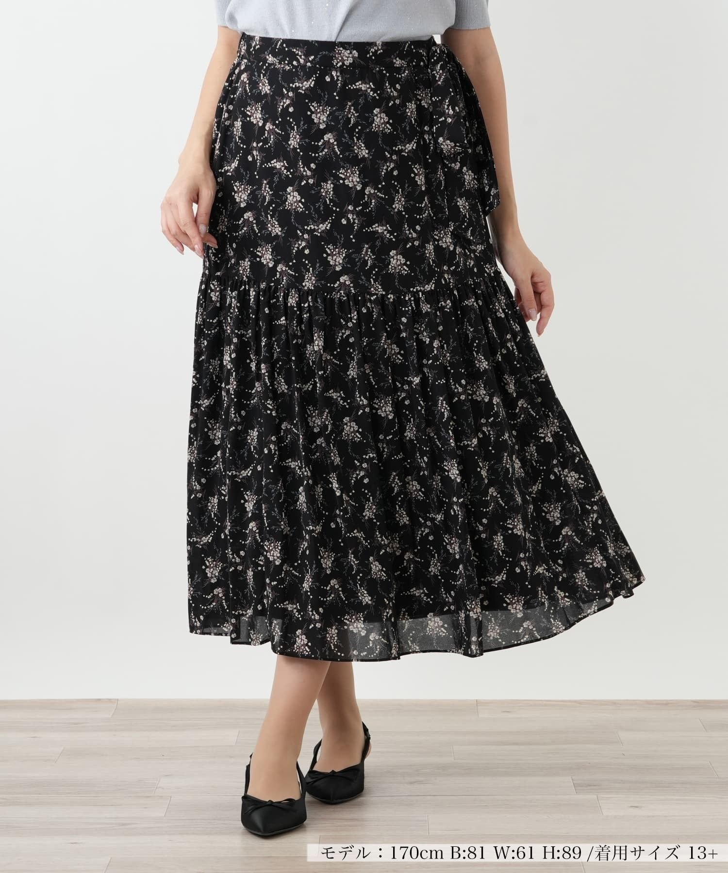 【レリアンプラスハウス/Leilian PLUS HOUSE】のフラワー柄ロングスカート【BOURGE】 インテリア・キッズ・メンズ・レディースファッション・服の通販 founy(ファウニー) 　ファッション　Fashion　レディースファッション　Fashion for Women　スカート　Skirts　ロングスカート　Long Skirts / Maxi & Midi Skirts　ウォッシャブル　Machine Washable　秋　Autumn　ギャザー　Gathered, Ruffled　コンパクト　Compact, Small Size　フラワー　Flower, Floral　ポケット　Pocket, Pocket Detail　リボン　Ribbon, Bow　ロング　Long, Long-Length　エレガント 上品　Elegant　ブラック|ID: prp329100004984436 ipo3291000000037338807