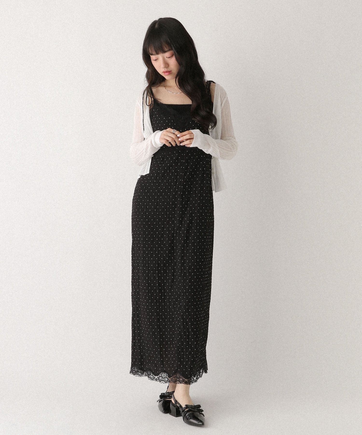 【ヘザー/Heather】のレーストリムナローキャミワンピース インテリア・キッズ・メンズ・レディースファッション・服の通販 founy(ファウニー) 　ファッション　Fashion　レディースファッション　Fashion for Women　ワンピース　Dresses　キャミソールワンピース　Camisole Dresses　カーディガン　Cardigan, Knitwear　トリミング　Trimming, Decorative Edge　トレンド　Trend, Trending Now　ドット　Polka Dot, Dot Pattern　レース　Lace, Lace Fabric　夏　Summer　ブラックドット|ID: prp329100004984447 ipo3291000000037338862
